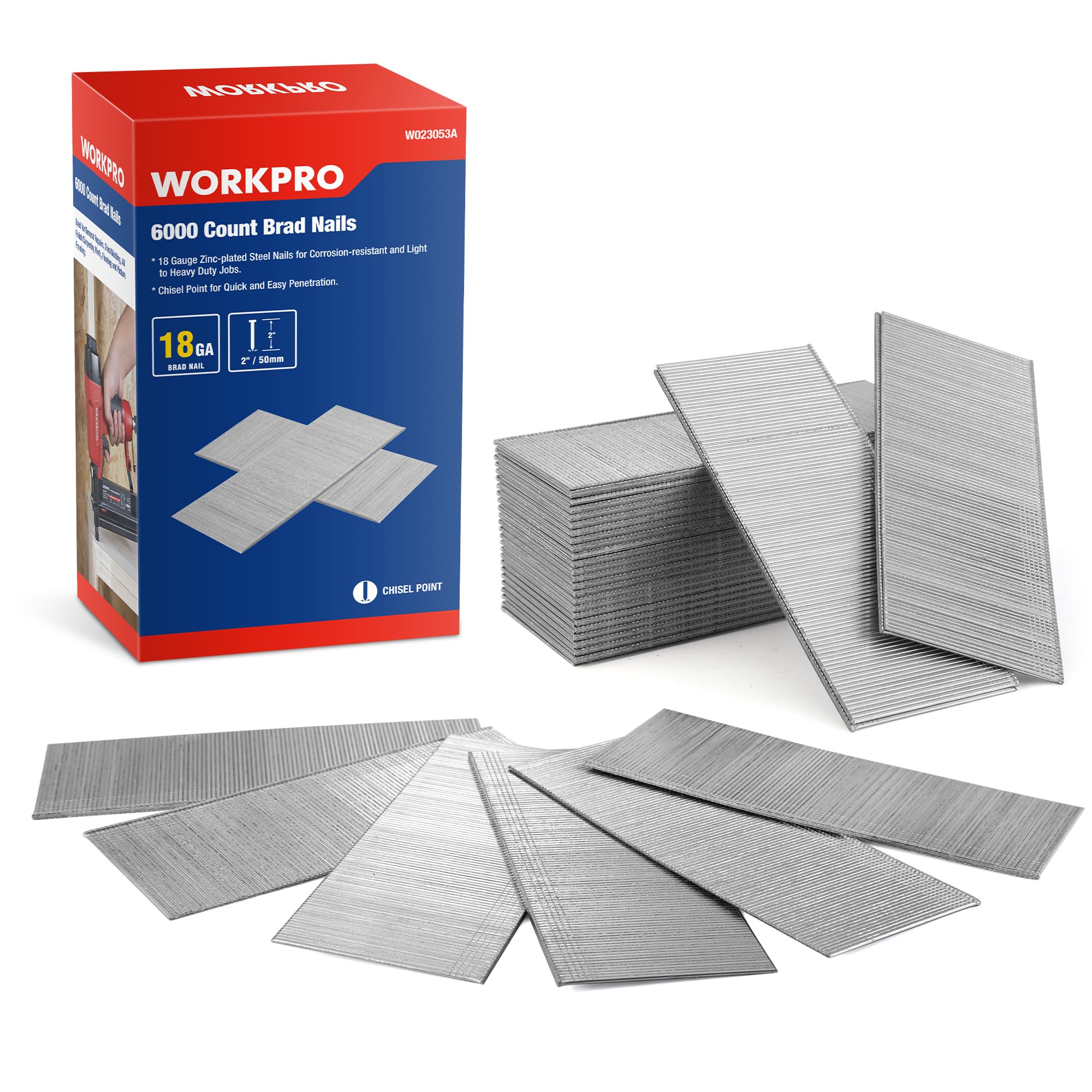WORKPRO 2-Inch 18 Gauge Brad Nails, 6000 Count Universal Brad Nails for Pneumatic, Electric Brad Nailer