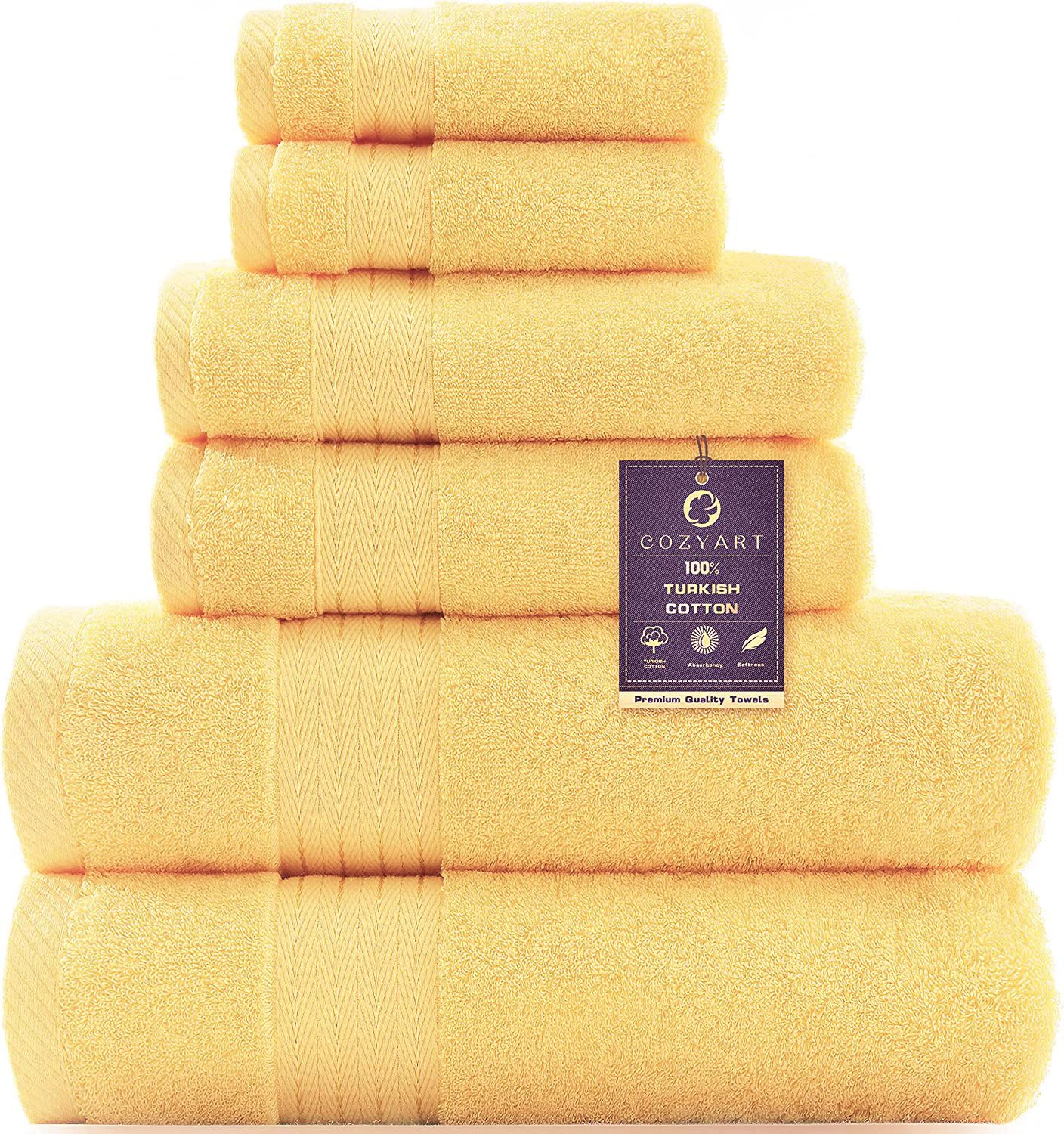 COZYART Yellow Luxury Bath Towel Set, Turkish Cotton Hotel Towel Bulk for Bathroom, Thick Bathroom Set of 6 Pcs with 2 Large Bath Towels, 2 Hand