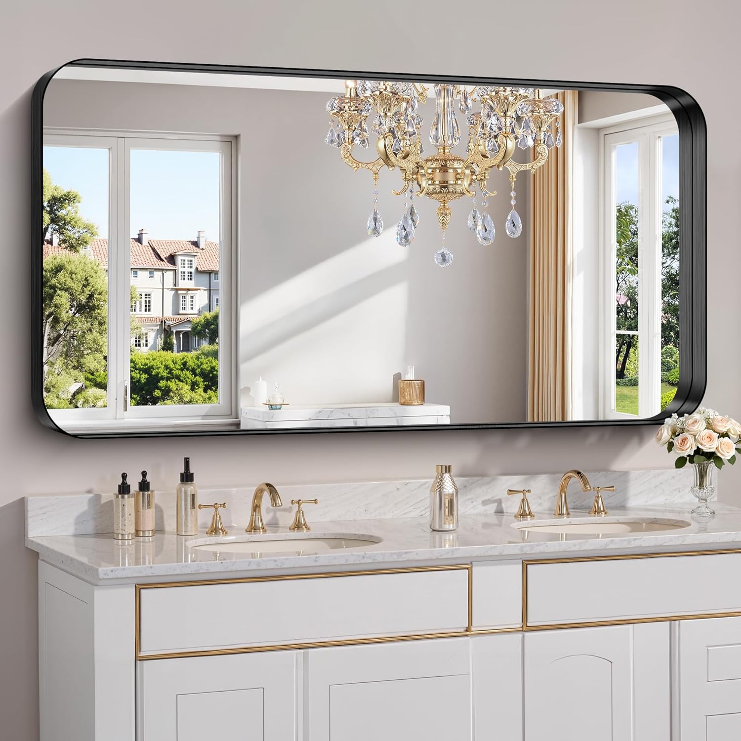 (Incomplete)FORBATH 60x30 Inch Large Bathroom Mirror for Double Sinks, Brushed Black Deep Frame Wall Mirror with Rounded Corners, Anti-Rust Tempered Glass for Modern Farmhouse Vanity (Horizontal/Vertical) Black 60\"L x 30\"W