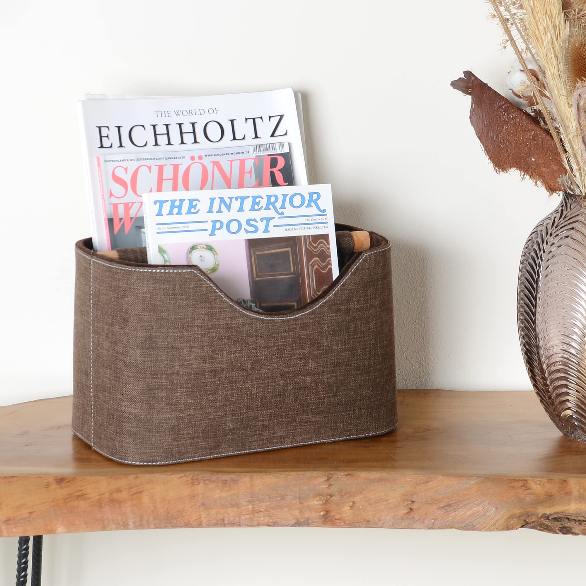 30 cm Stoff Zeitungshalter Holz Zeitschriftenständer Zeitungsständer Zeitschriftenhalter modern braun Aufbewahrung Dekoration