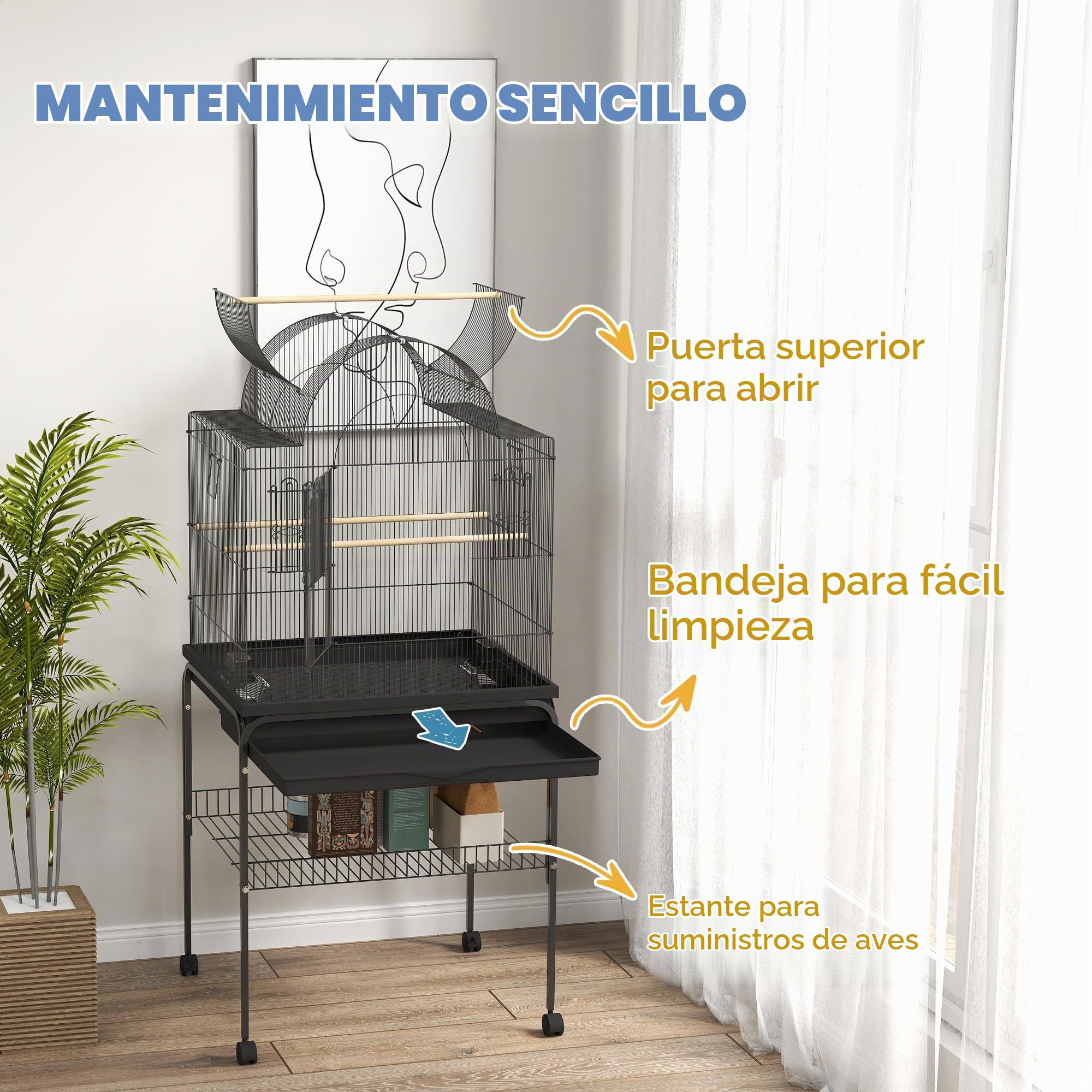 PawHut - Jaula para pájaros con Bandeja, Bandeja de Almacenamiento, alimentador, Jaula para Loro, Jaula con Ruedas para periquitos, Canarios, calopsitas, Acero, 63 x 53 x 144 cm, Color Negro