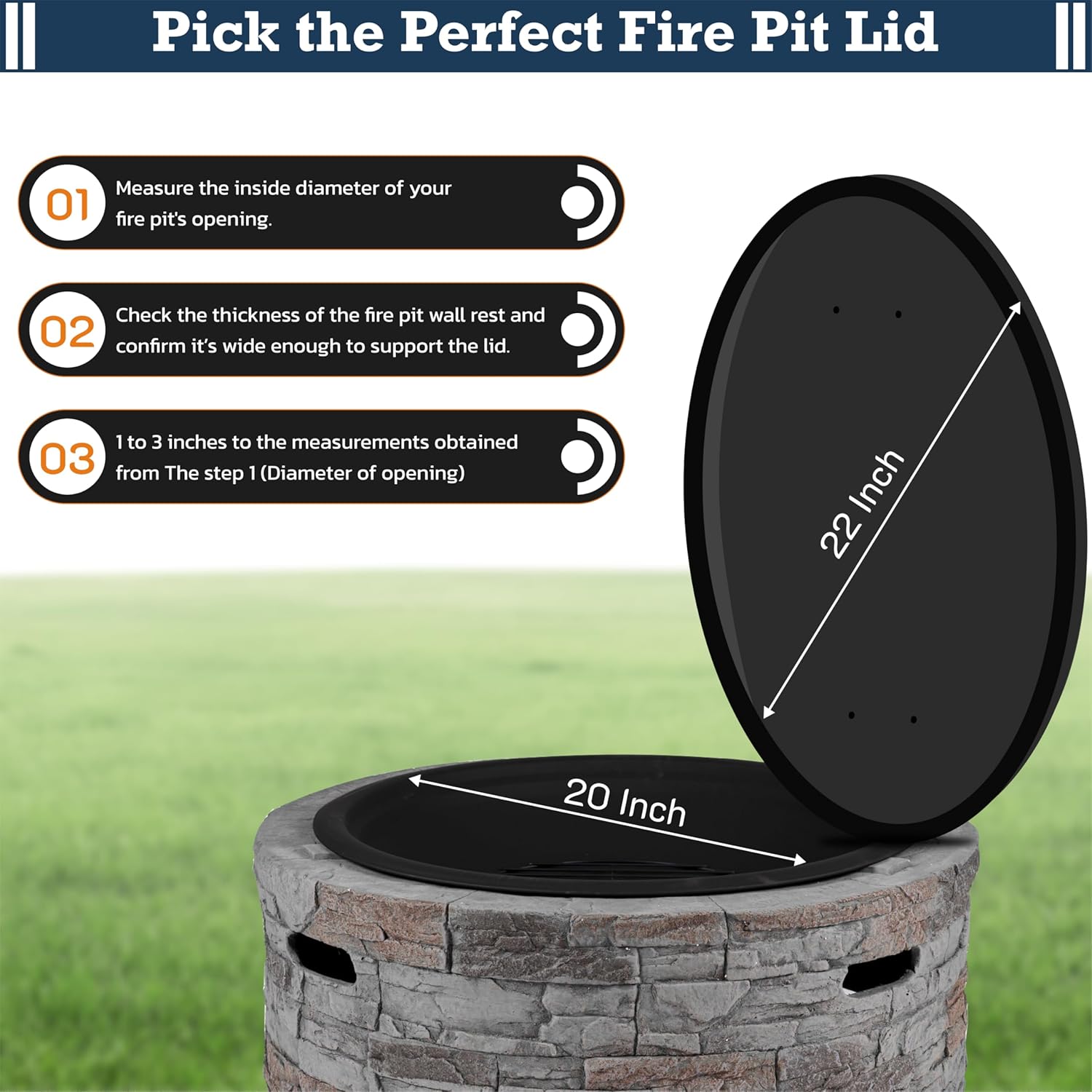 22” firepit lid round for inside up to 20” gas fire pit lid for Outdoor Fireplace Cover Lid Steel fire pit metal cover W/ Wooden Handles & Powder Coated Snuffer for Patio FirePit Ring