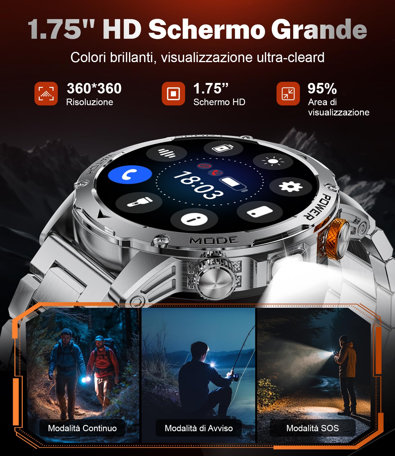 DREMAC Smartwatch Uomo-1000 mAh Batteria/1,75 HD Grande Display,Smartwatch con Torcia/130+ Modalità Sportive,IP68 Impermeabile Fitness Tracker con Monitor Frequenza Cardiaca/Sonno,per Android iOS