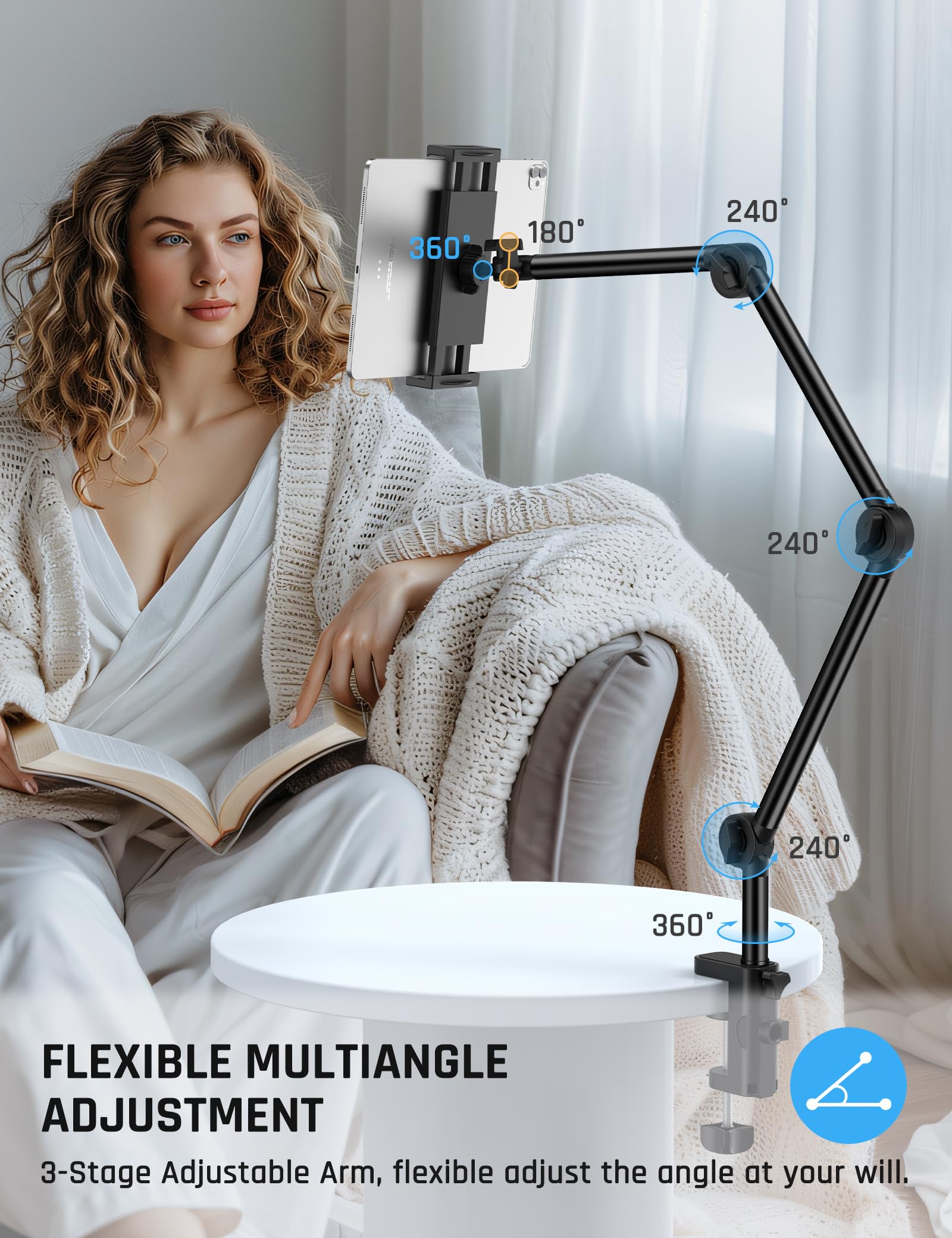 Jumkeet Support Tablette pour Lit, Support Réglable Rotatif à 360° avec Bras Stable, Bras Pliable pour iPhone Samsung Smartphone Series/iPad/Nintendo Switch/Kindle ou Autres appareils 4,7 à 12,9"