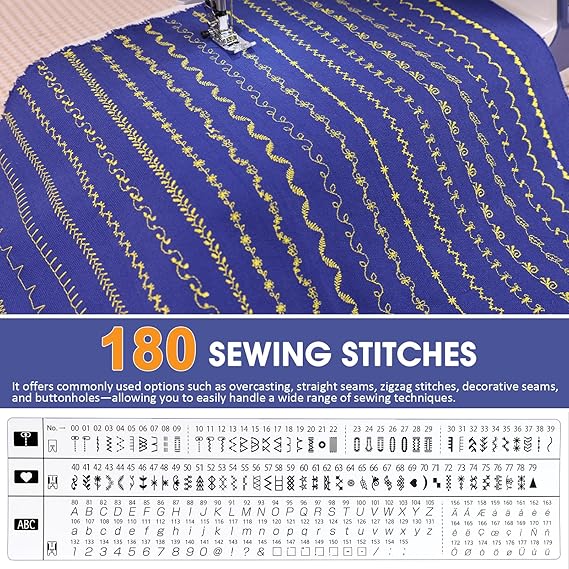 FEIYUE FY700 Computerized Sewing Machine - 180 Stitch Patterns, Automatic Needle Threader, LCD Display, Adjustable Speed, Presser Foot Set, Auto Thread Cutter, for Household Sewing and Crafts