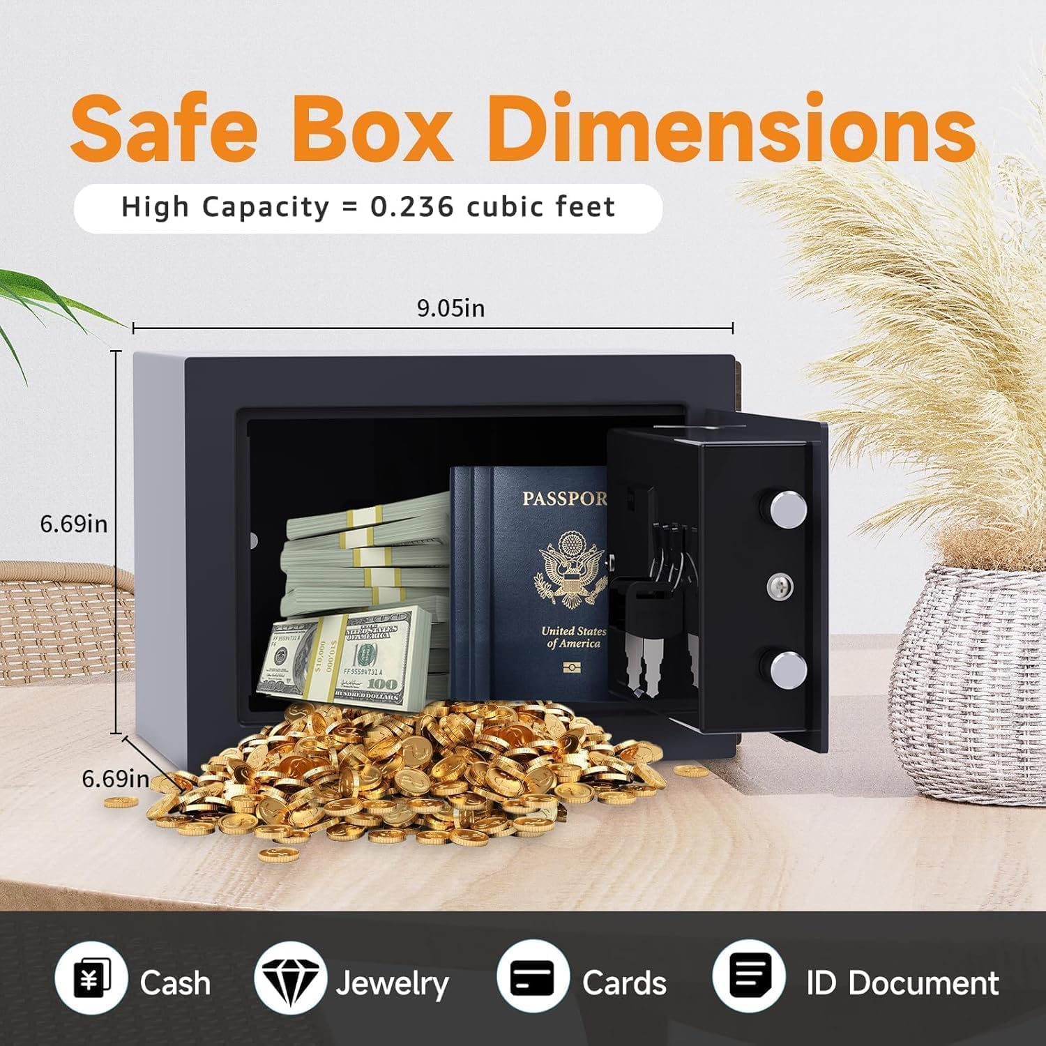PATRON Pequeña caja fuerte para dinero con código y llaves, mini caja fuerte sólida para niños con teclado de seguridad electrónico digital para el hogar, oficina, hotel, cajas fuertes personales para