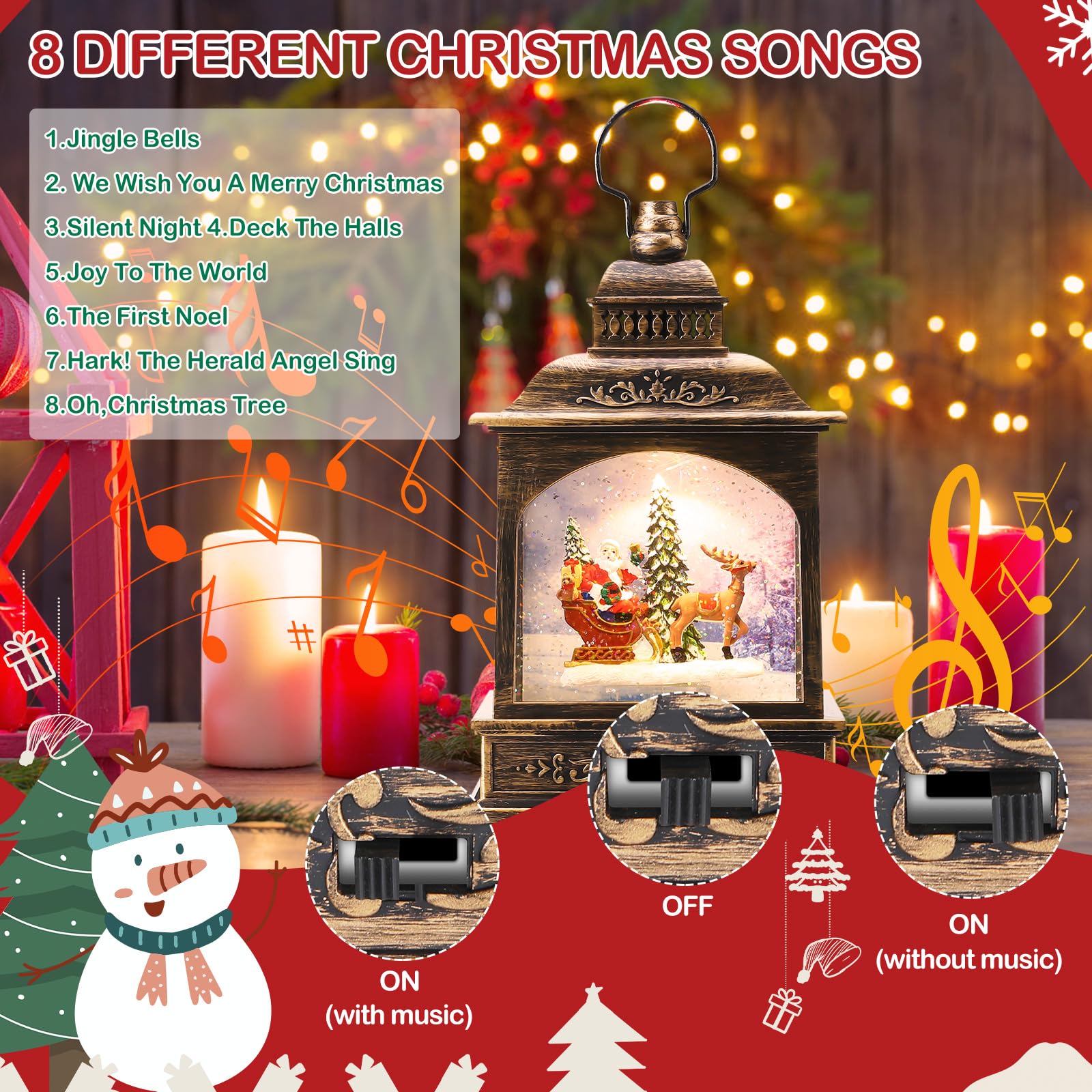 Coikes Lanterne de Noël Boule à Neige Musicale LED avec Saillie et Christmas Songs - Décoration Intérieure - Prise USB ou Alimenté par Pile