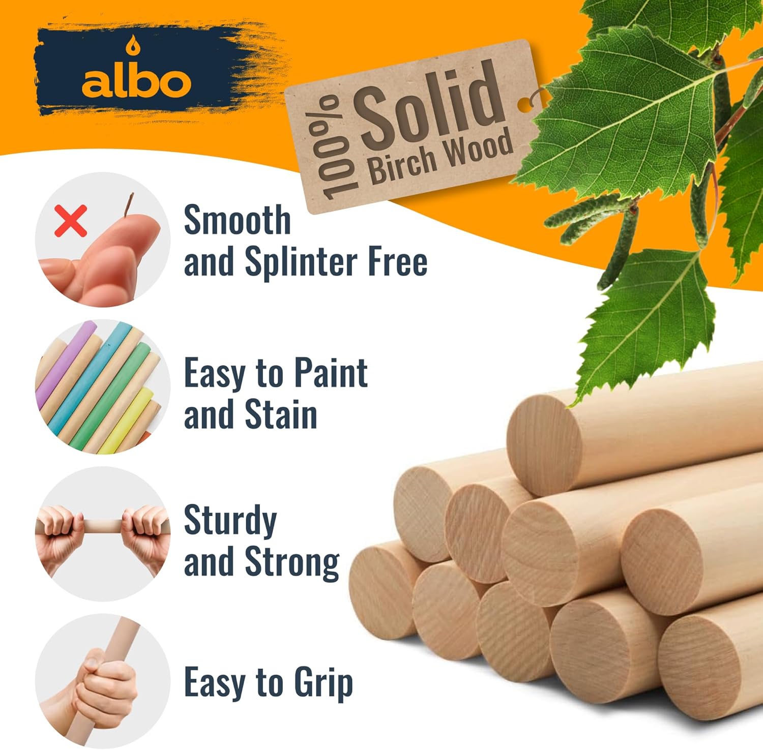 ALBO 1" x 24" Wooden Dowel Rods Set - 10 Pack Birch Natural Thin Hardwood Craft Rods Small Crafts Toys Doll Furniture Professional Smooth Bulk Material Handicrafts Miniatures DIY New