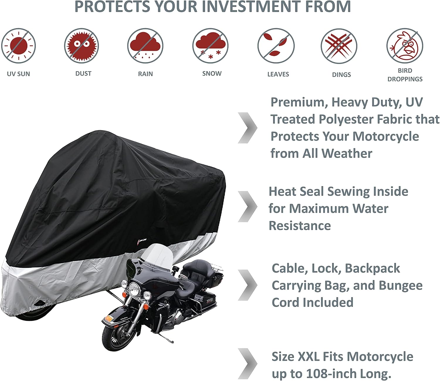 Formosa Covers | Premium Heavy Duty Motorcycle Cover (XXL). Includes Cable & Lock. Fits up to 108" Length Large Cruiser, Tourer, Chopper.