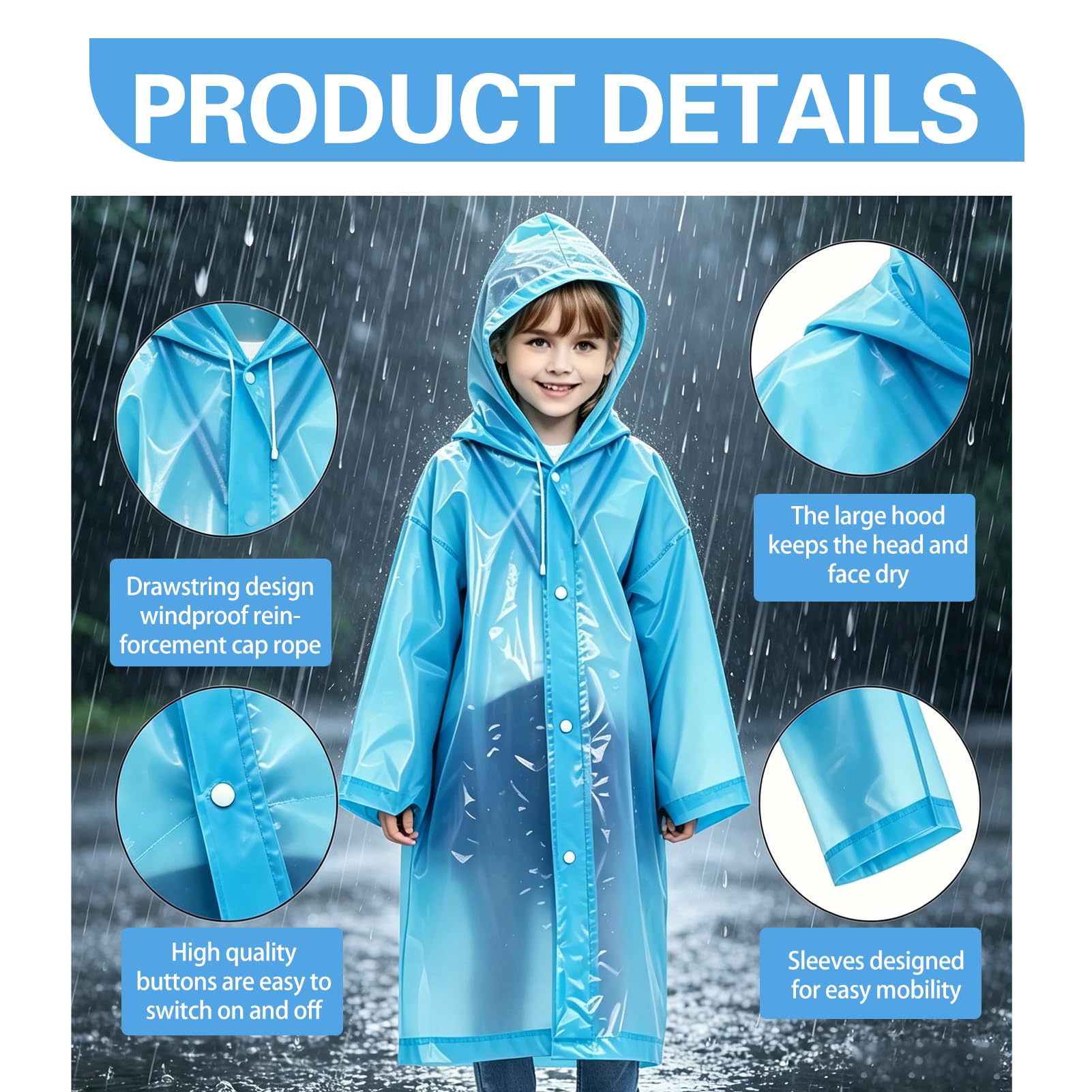 Chubasquero Niños EVA 100% Ecológico - Impermeable Reutilizable Unisex, 6-12 Años 1.0-1.50m, Capucha Botones