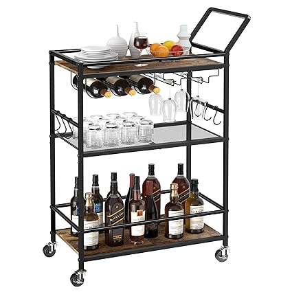 eletecpro Bar Cart, Home Bar Serving Cart, Coffee Cart, Kitchen Cart with Hooks, Mobile Kitchen Shelf with Wine Rack and Glass Holder, 3-Tier Height-Adjustable Rolling Beverage Cart Microwave Cart