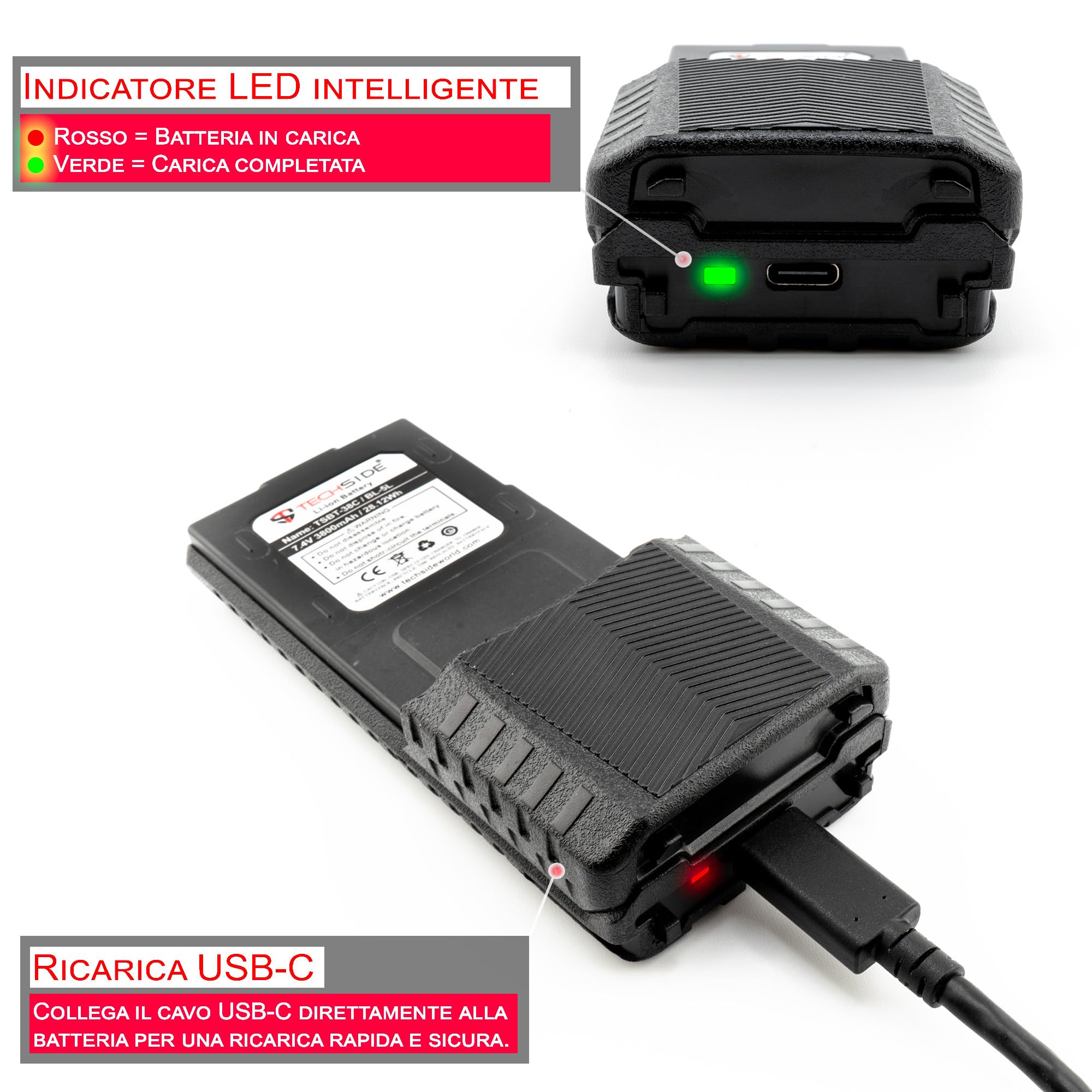 TechSide TSBT-38C Batteria maggiorata 3800mAh ricaricabile USB C compatibile con TI-F8+ TS-T9+ UV-5R