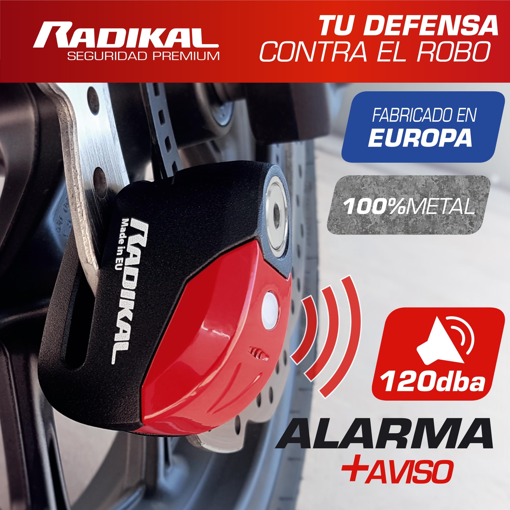 RADIKAL RK9 Candado Moto Disco | Alarma Premium 120db ON/OFF, Warning Pre-Alarma, Alerta LED, Impermeable, Pila Litio | 100% Metal, Antirrobo Pinza Freno, Bloqueo 6mm Universal Scooter Bicicleta
