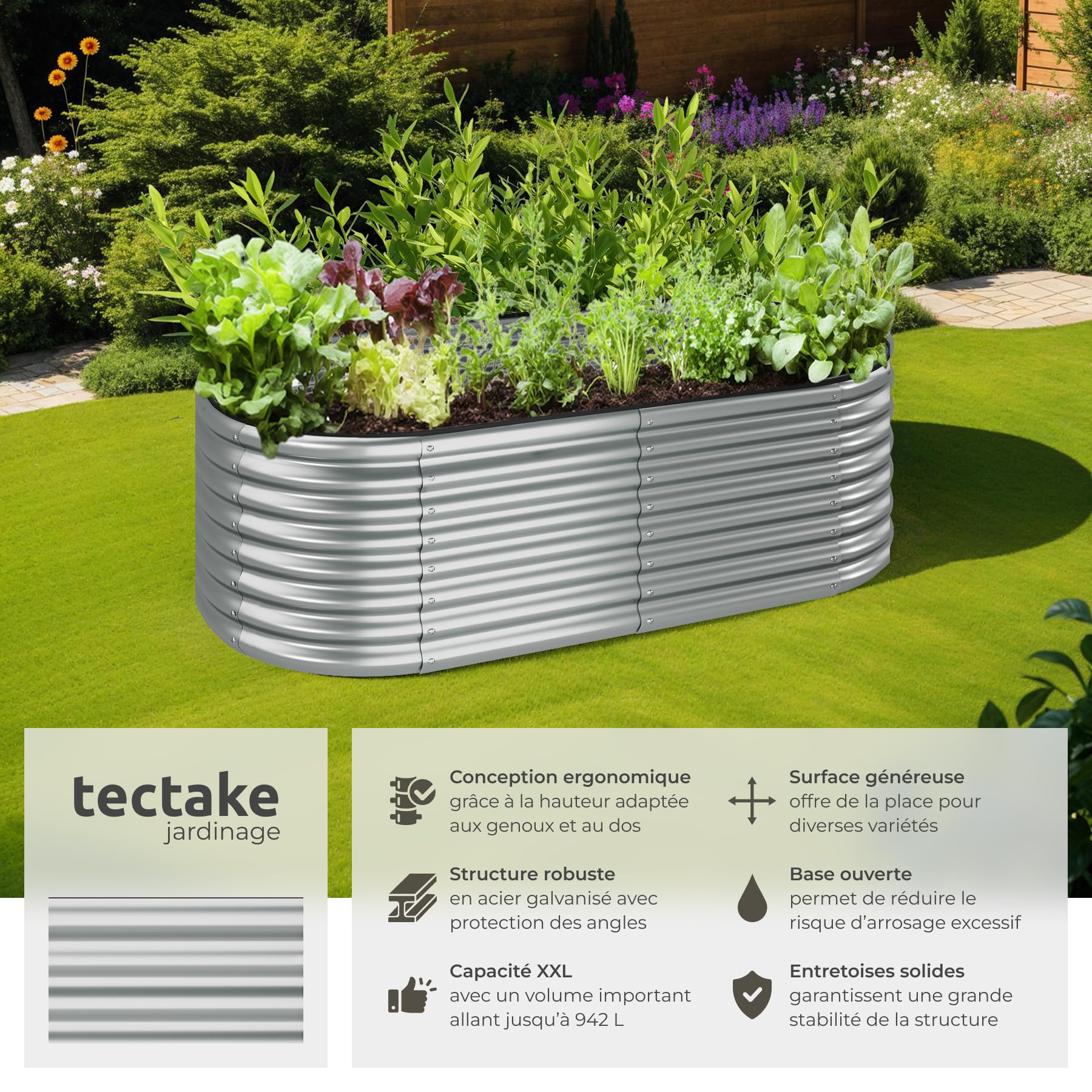 tectake® Lit de Jardin Carré Potager de Jardin surélevé, Bac à semis Jardiniere en Acier galvanisé résistant à la Rouille Serre de Jardin Jardiniere Exterieur Grande Taille 200x100x60 cm