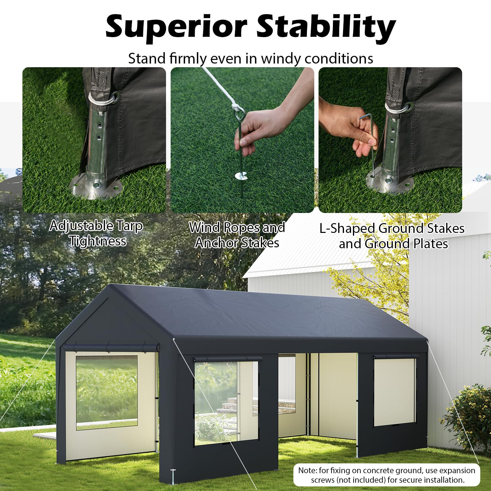 SOARS Carpa de Garaje 300 x 595 x 280, Tienda de campaña con 8 Paredes Laterales extraíbles, Marco de Metal, Paneles de Ventanas de Polietileno, Puertas enrollables, Refugio para Garaje, Incluye