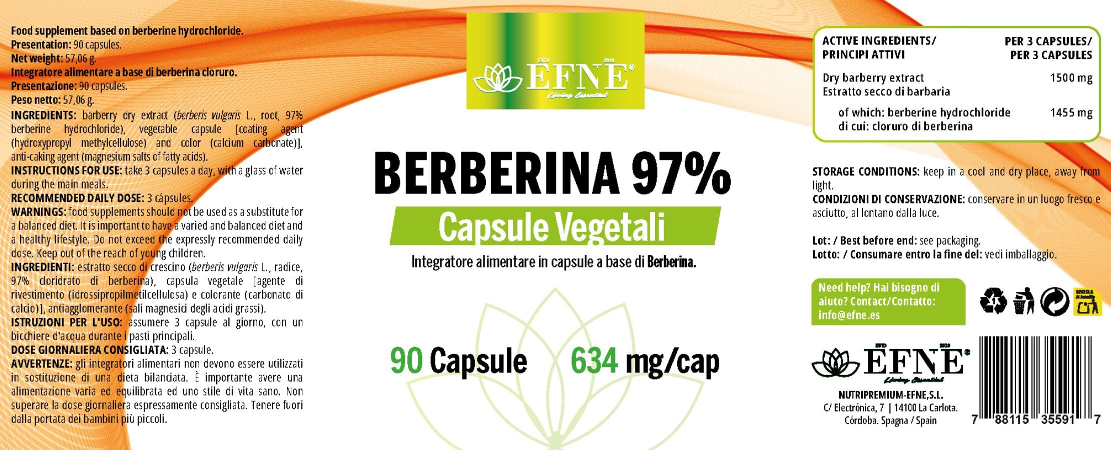 EFNE | Berbérine 97% de Concentration | Dosage Élevé 634 MG/Capsule | Extrait de Berberis - 1500 mg | 90 Gélules Végétaliennes avec Berbérine HCl |
