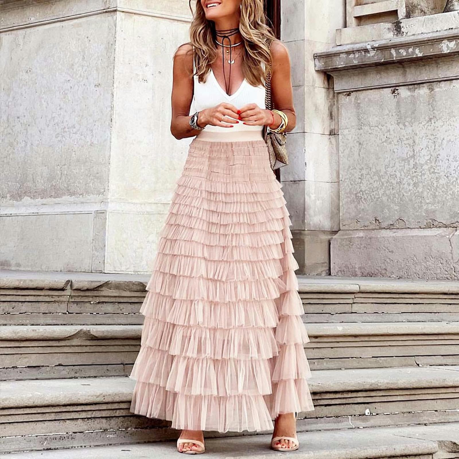 Spódnice damskie na co dzień damska solidna suknia długa spódnica tiulowa wysoka talia plisowana spódnica tutu eleganckie damskie, a, L
