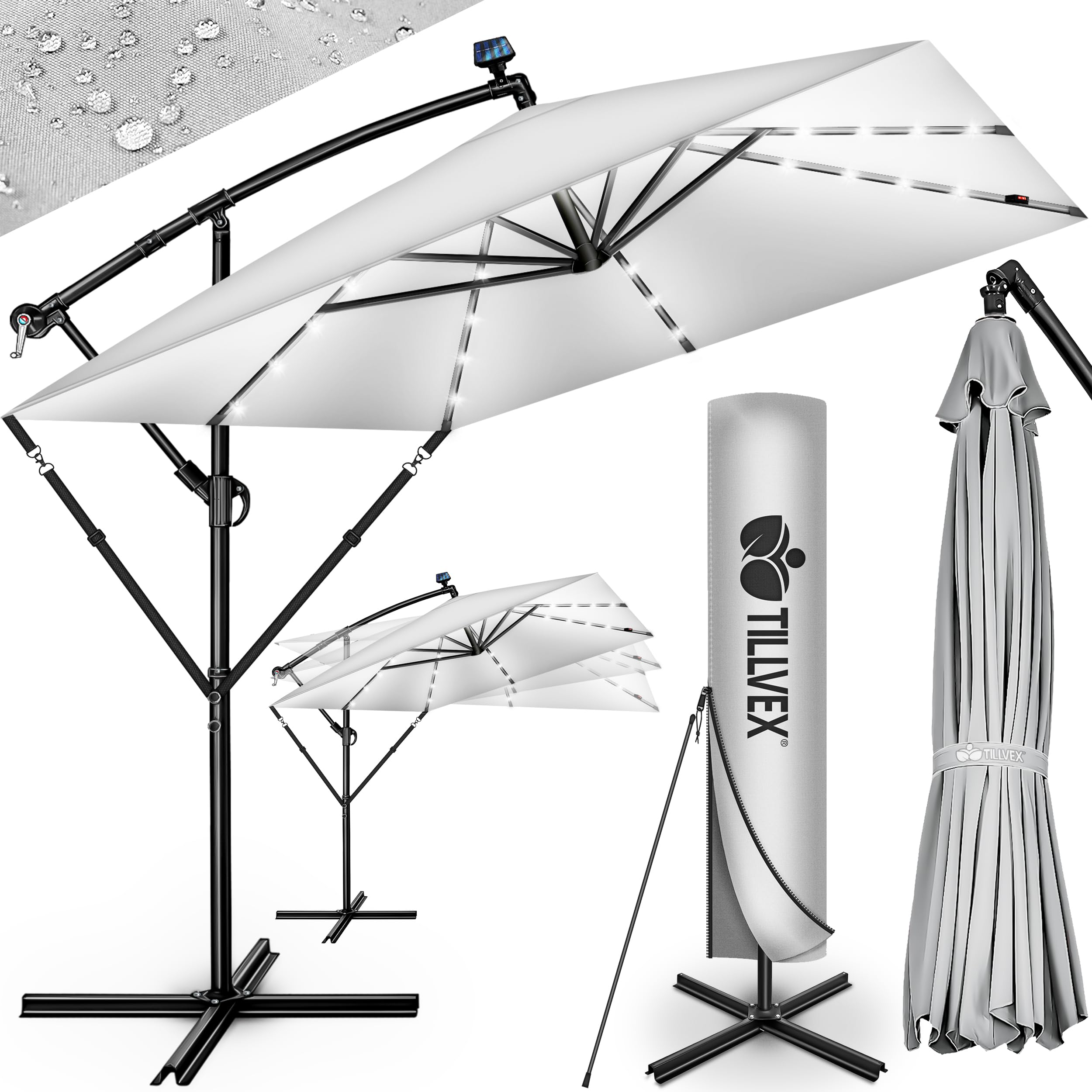 tillvex® Parasol déporté LED solaire Rectangulaire Ø330cm + Housse de Protection & contre le vent | Parasol à manivelle carré + support | pour le jardin Extérieur