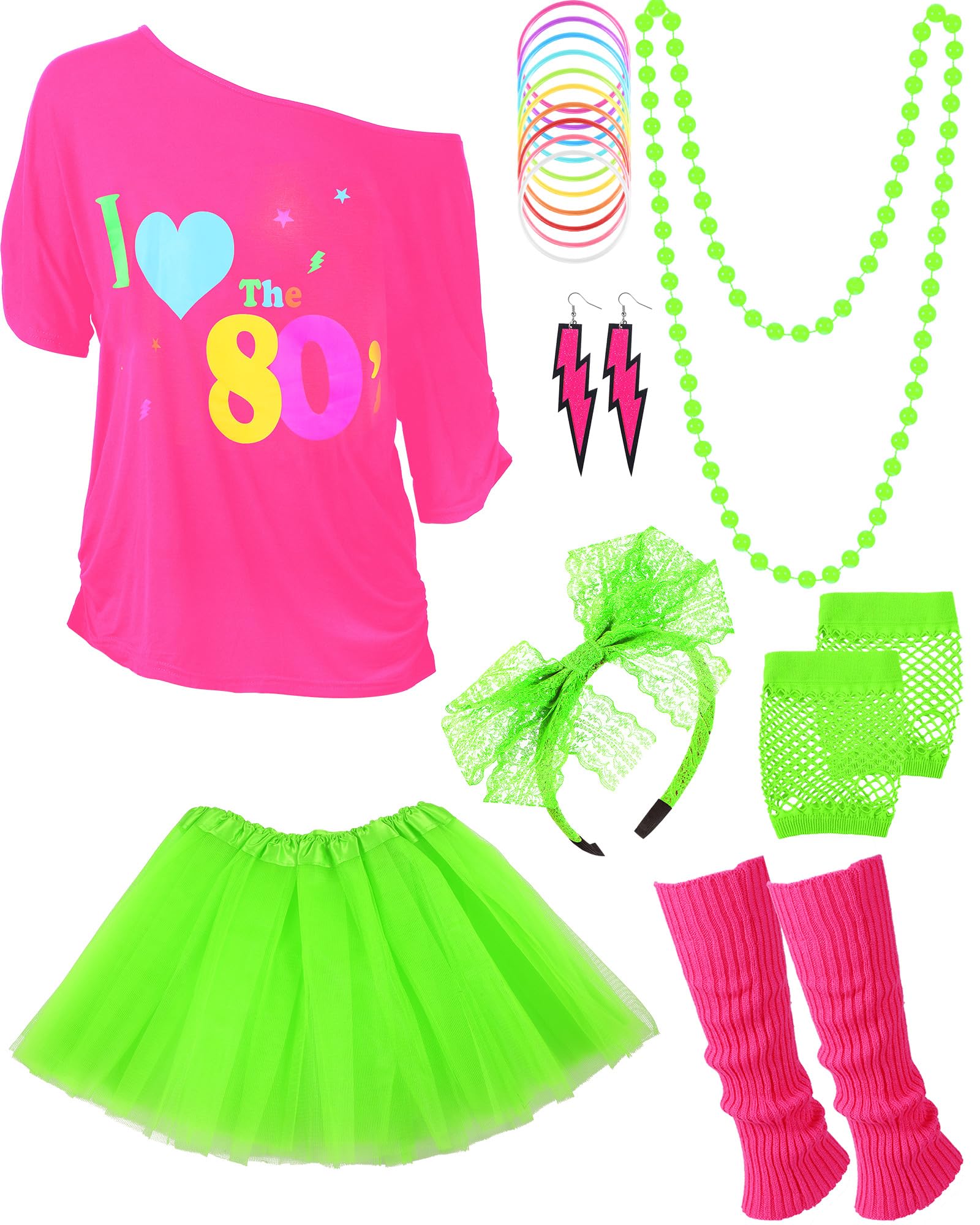 Blulu Tenue des années 80 pour femme - Accessoires de costume - T-shirt - Jupe tutu, jambières, bandeau, boucles d'oreilles, collier, gants en résille