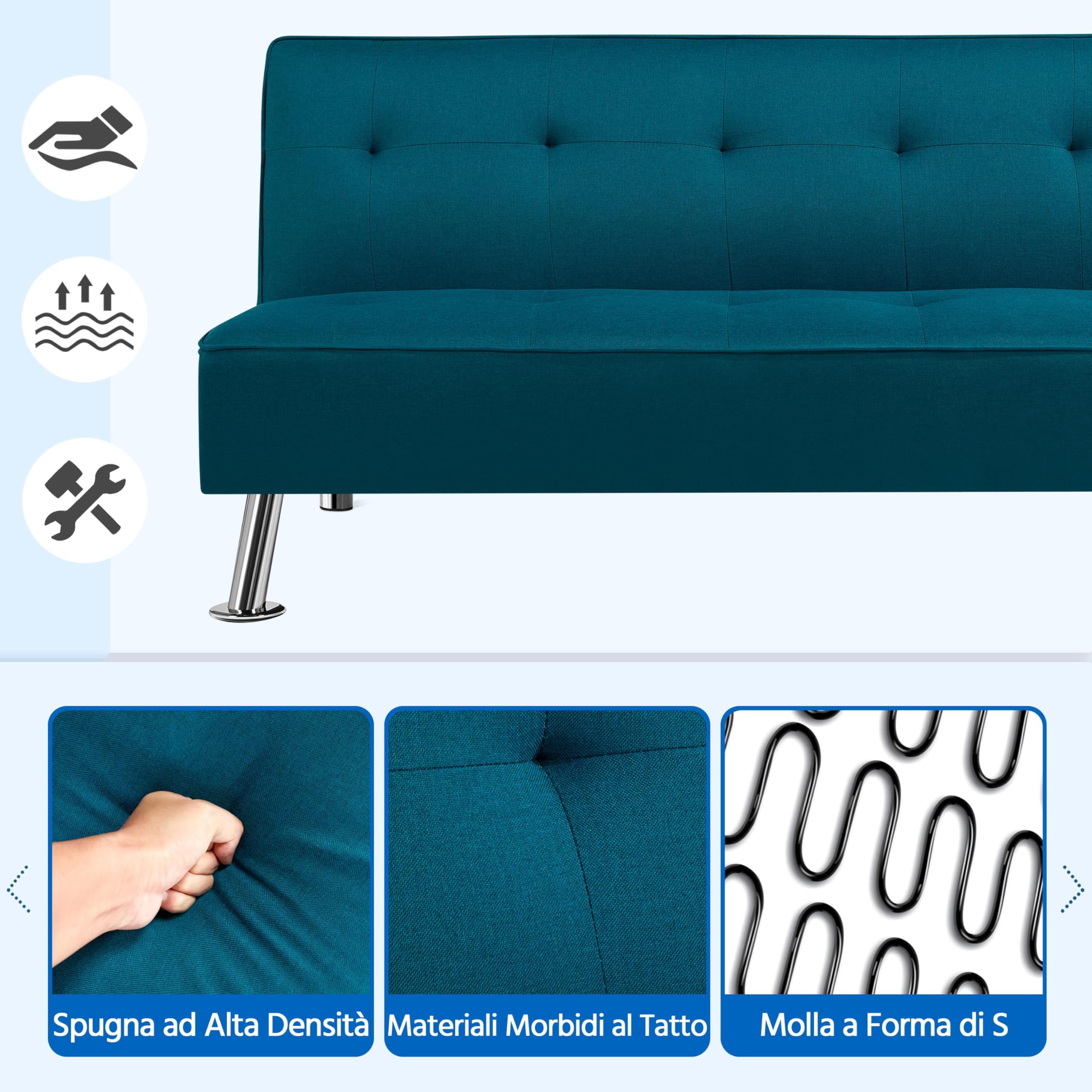 Yaheetech Divano Letto Reclinabile con Seduta Imbottita Convertibile in Letto 105° - 180° Mobile Regolabile da Soggiorno Salotto Stanza Ospiti Arredamento per Riposo Blu Acqua/Tessuto