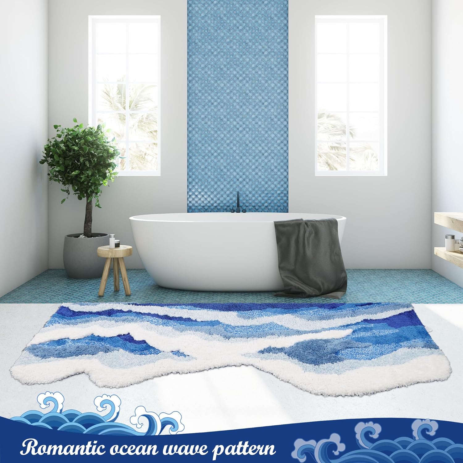 Wave Ocean Rug - Wavy Bathroom Carpet, Romantic Blue Bath Mat, 3D Microfiber with Non-Slip Backing, Washable (63"x28")
