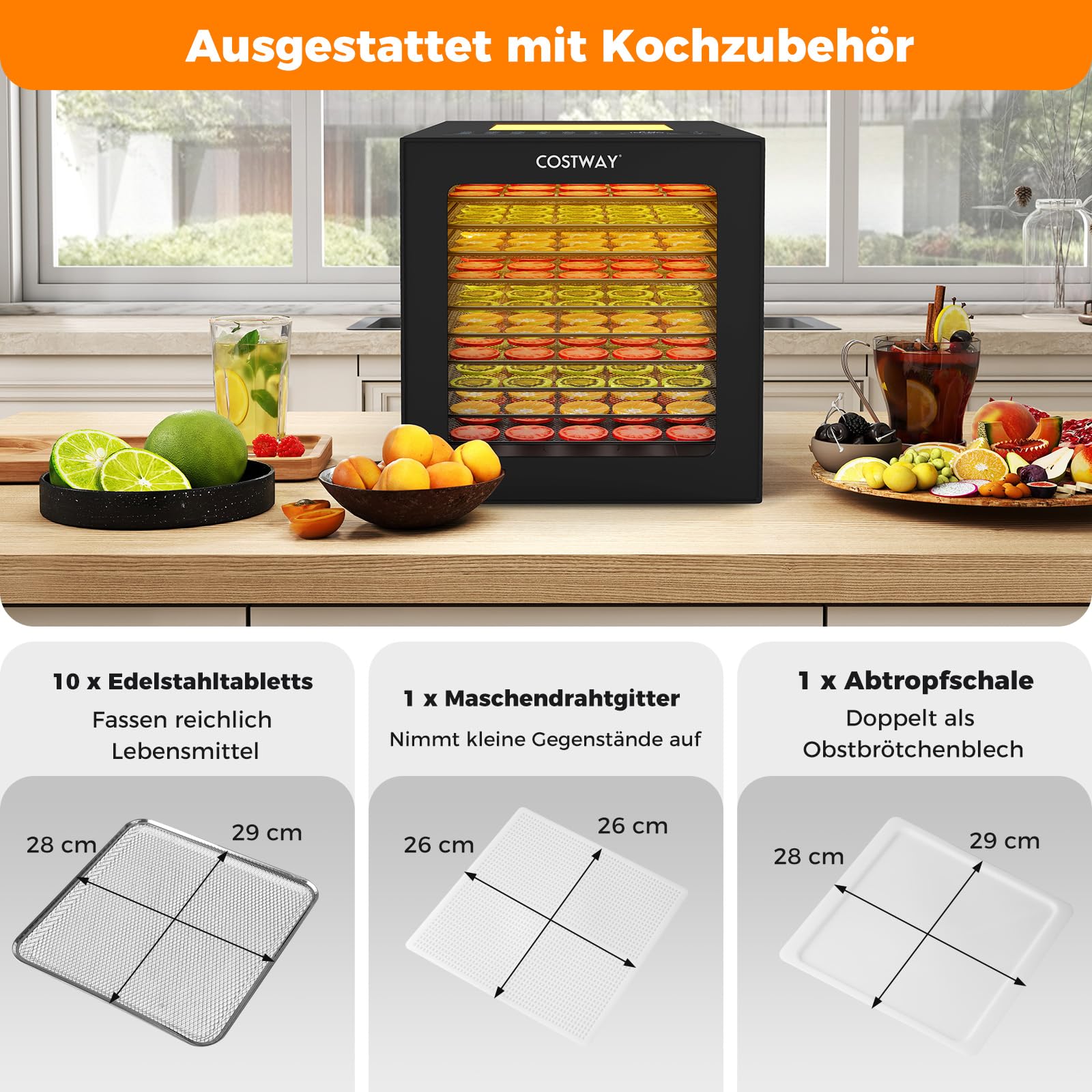 COSTWAY 850W Dörrautomat inkl. 10 Edelstahl-Schalen, Dörrgerät mit 10 voreingestellten Programmen, 48H Timer & 30-75℃ Temperatur, Lebensmittel-Trockner für Obst, Gemüse, Fleisch