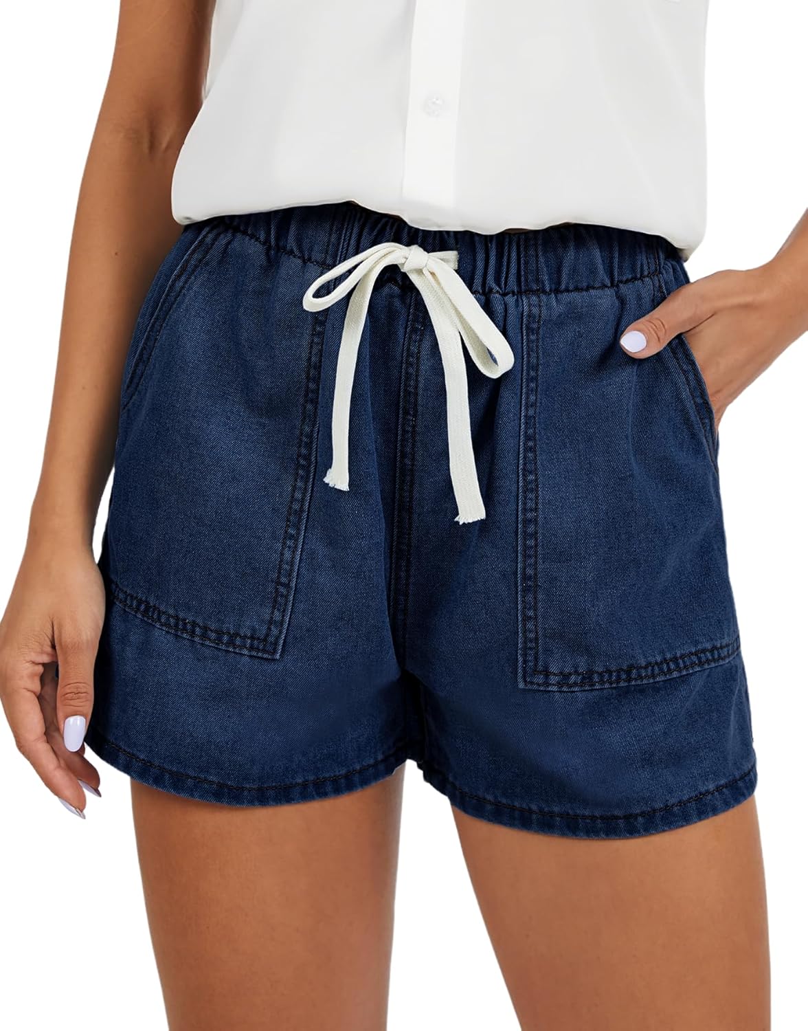 Jean Shorts for Women Drawstring Denim High Elastic Waisted Baggy Summer Shorts with Pockets
