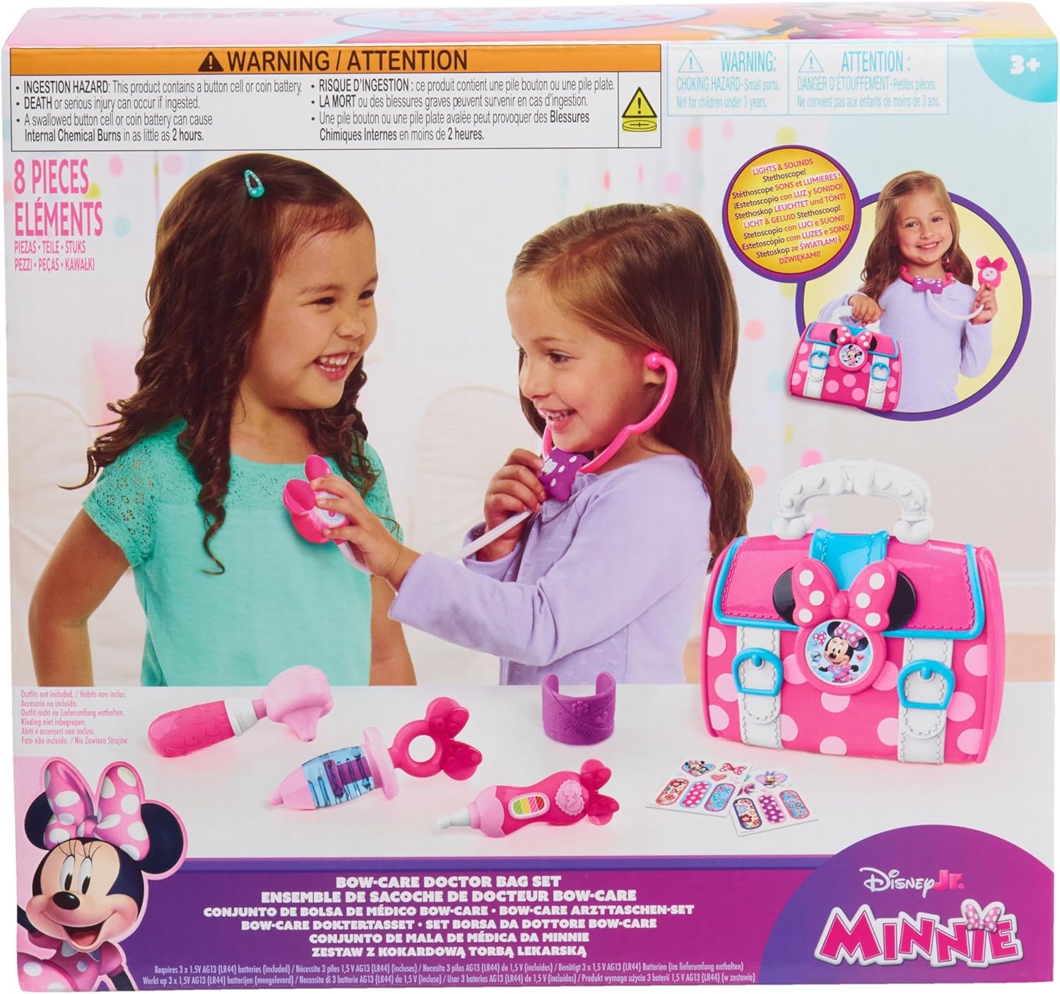 Disney Junior Minnie Mouse Bow-Care 8-Piece Doctor Kit for Toddlers Ages 3-5, Lights & Sounds Stethoscope, Preschool Pretend Play Medical Set, Pink Kids Toy for Ages 3+ by Just Play