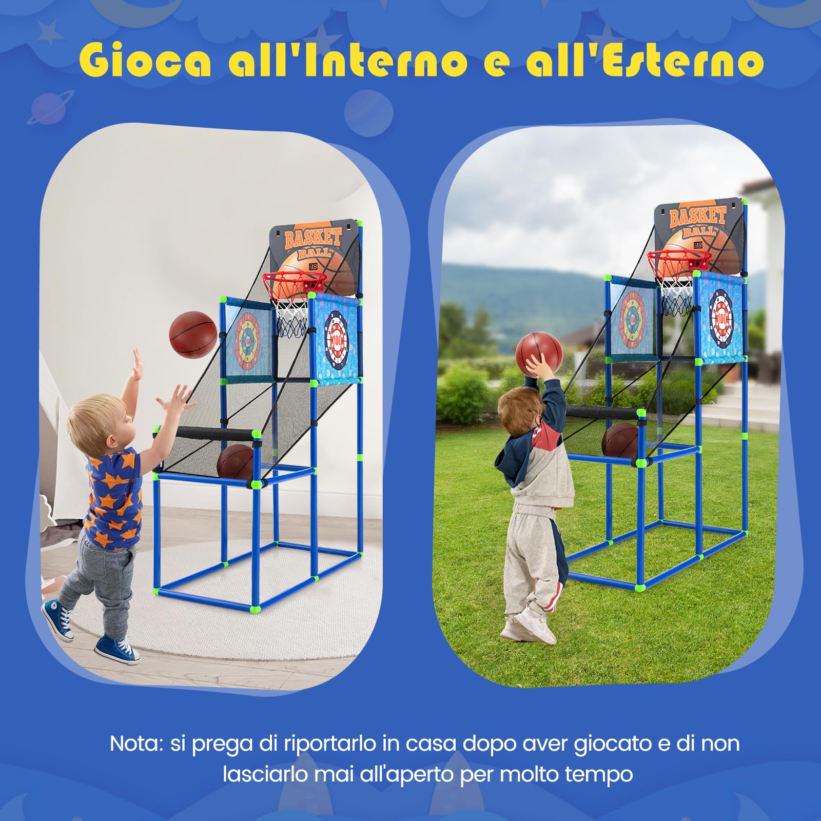 COSTWAY Macchina da Pallacanestro per Bambini, Set Giochi 2-in-1 da Interno ed Esterno per Basket e Palline Attaccanti con Segnapunti Elettronico ed Effetti Sonori, Regalo per Bambini e Bambine 3+