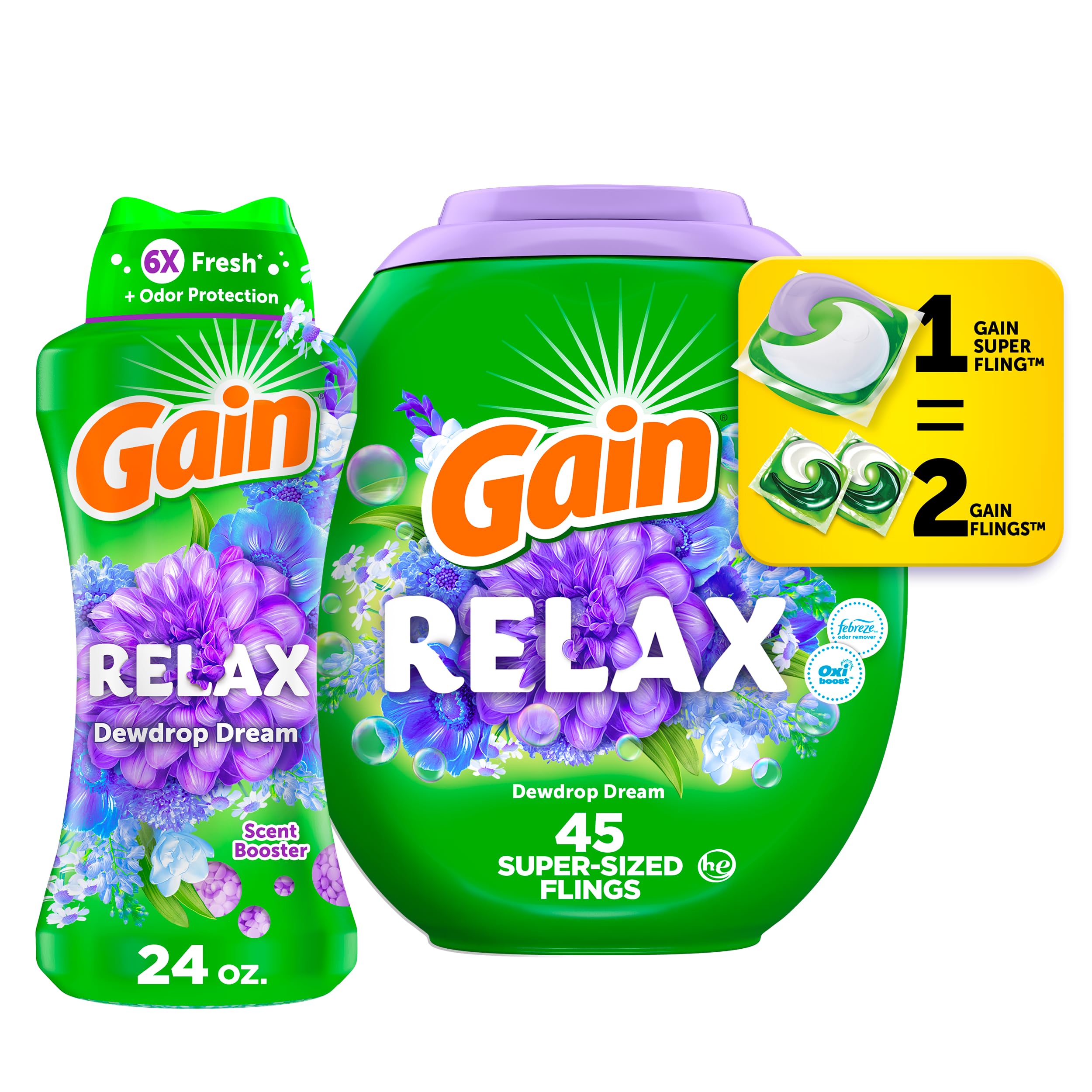 Gain Laundry Bundle: Super Sized Flings, 3-in-1 Detergent Pacs with Febreze & Oxi, 45 Count + In-Wash Laundry Scent Booster Beads, 24 oz, Dewdrop Daydream Scent