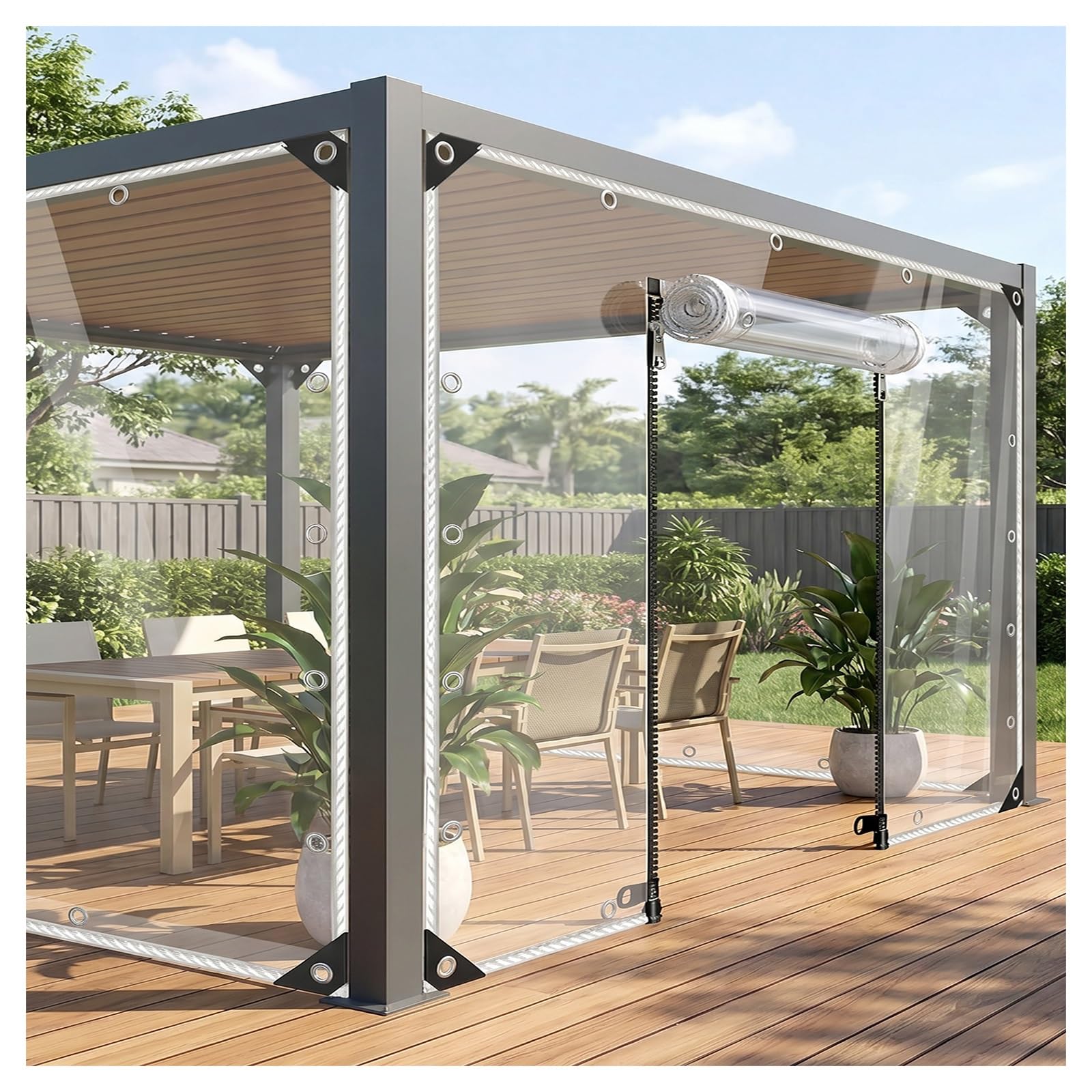 ZXCASDF Clear tarps with grommets，clear tarps heavy duty waterproof，PVC Clear Waterproof Tarpaulin Side Panels with Zipper，patio enclosure，terrace outdoor curtains(H1.8xW1.8m/H5.2xW5.9ft)