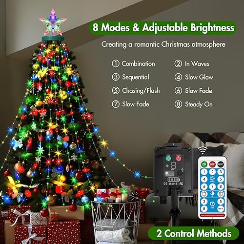 Miniatura 10 de Luces para árbol de Navidad con estrella superior, 400 luces LED de 6.6 pies x 16 líneas de luces de Navidad con 8 modos de temporizador y control