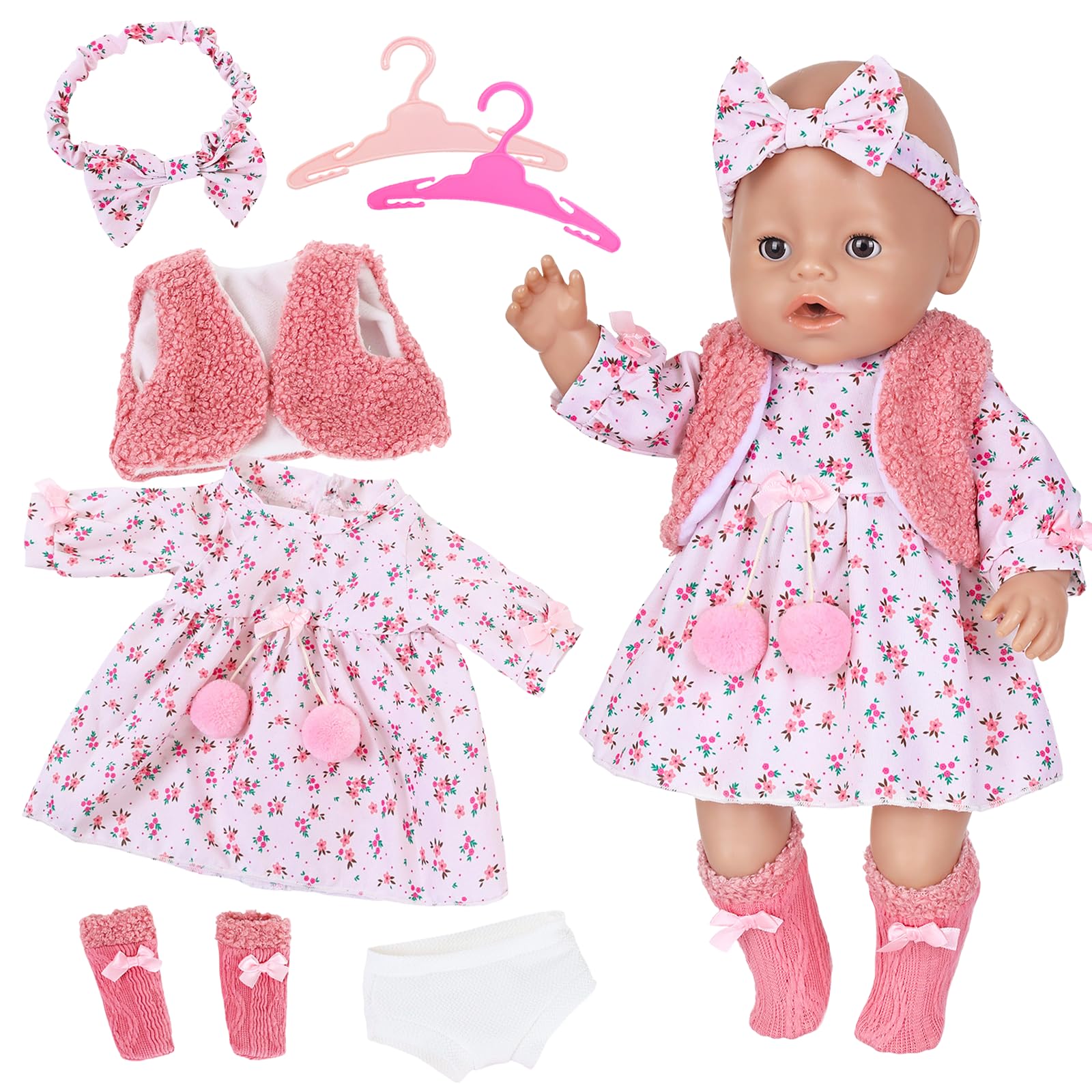 7 Pcs Doll Clothes Set for 35-43 cm Baby Dolls – Cute Doll Outfits for 14-17 Inch Dolls – Includes Dress Coat Headband Socks Diaper Hanger – Bow and Floral Patterned Clothing – Gifts for Children