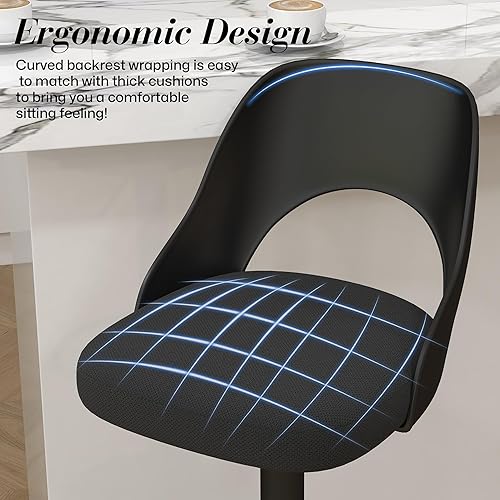 Miniatura 7 de Juego de 4 taburetes de bar giratorios de altura ajustable con respaldo de polipropileno hueco, silla tapizada con base de metal negro, asiento negro