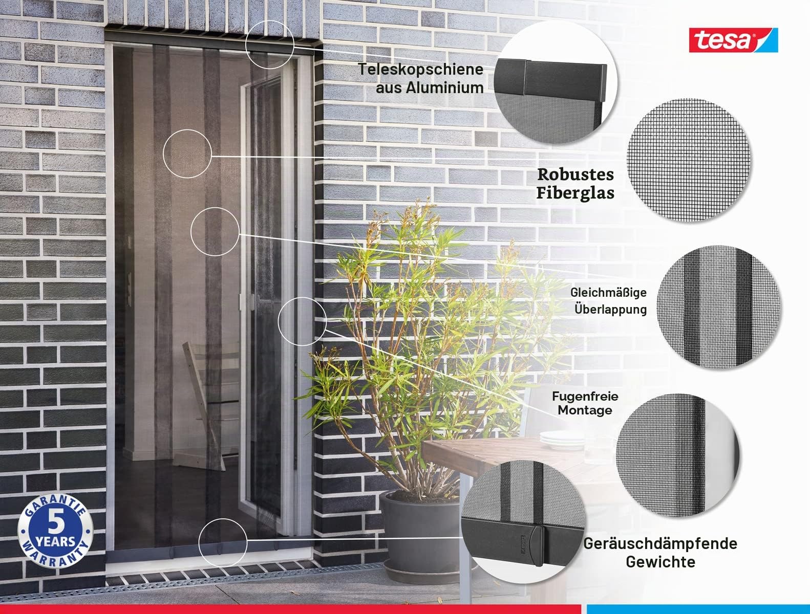 Tesa ALU Lamellentür teleskopierbar - Insektenschutzvorhang mit Lamellen & Insect Stop COMFORT Fliegengitter für bodentiefe Fenster - Insektenschutz selbstklebend