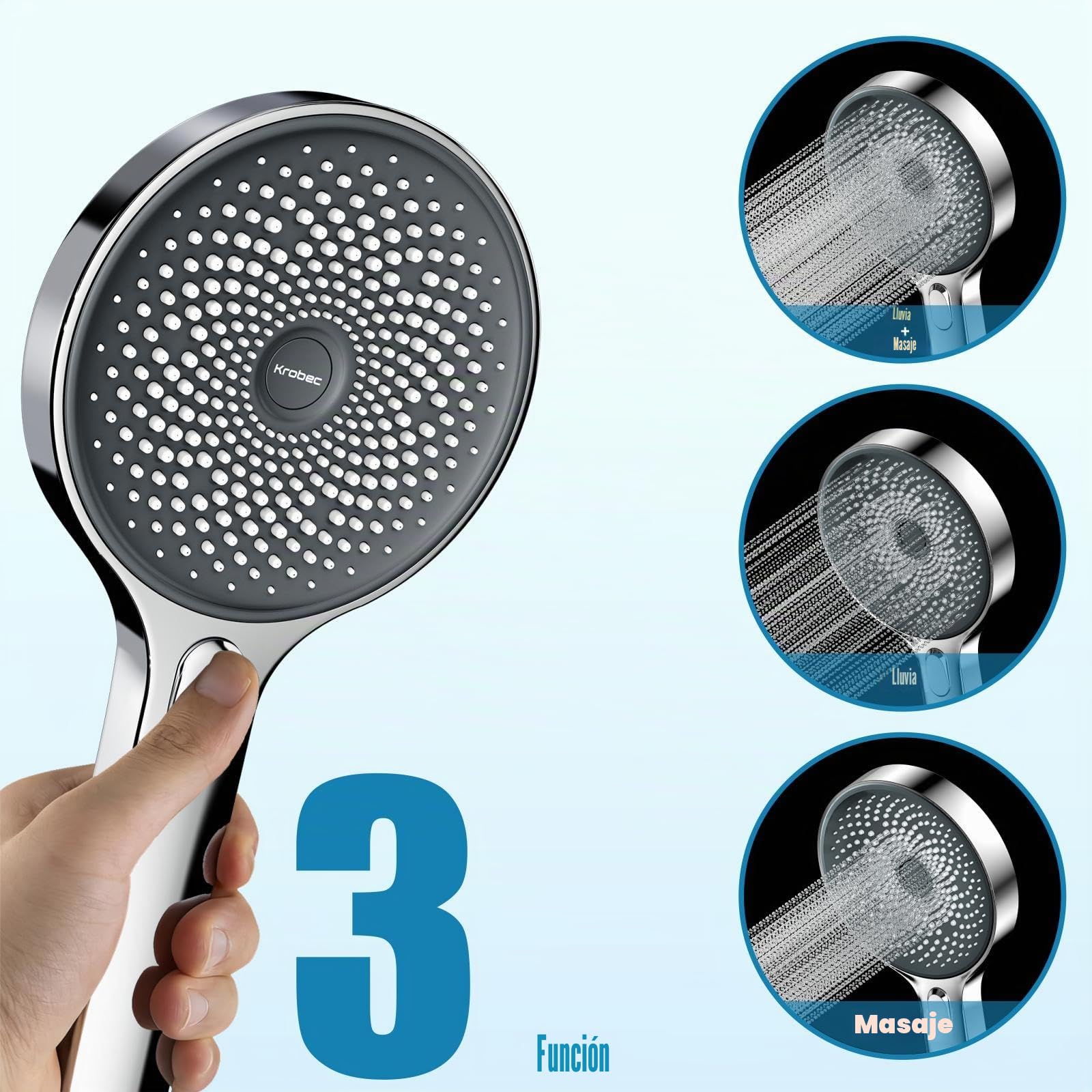 Krobec - Alcachofa de ducha de mano grande (130 mm) Cabezal de ducha de mano con 3 modos de chorro de ducha, juego de ducha premium.Chrome