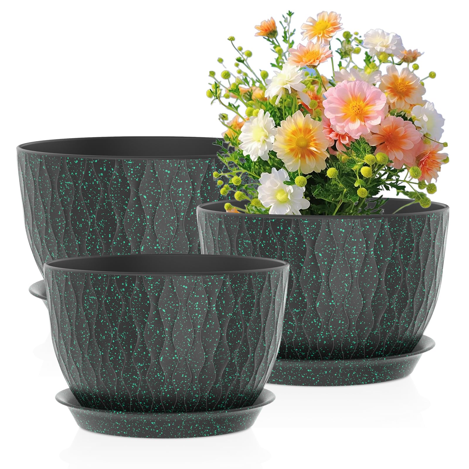 Meowell 12/10/9 inch Large Plant Pots, 3 Pack Wide Flower Pots for Outdoor Indoor Plants, Water Ripples Plastic Planters with Drainage Holes and