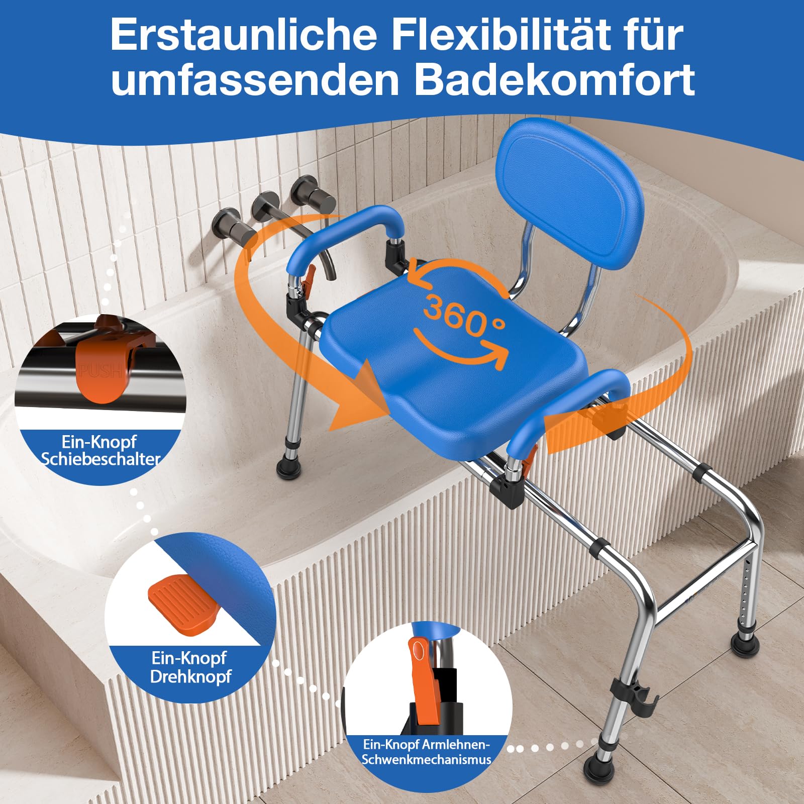 Gleitender Duschstuhl mit 360° drehbarem Sitz, 204kg Wannen-Transferbank | 1,4 mm Luftfahrt-Aluminiumrahmen, 450 lbs Tragkraft. Höhe & Breite verstellbar, 360° drehbarer Sitz