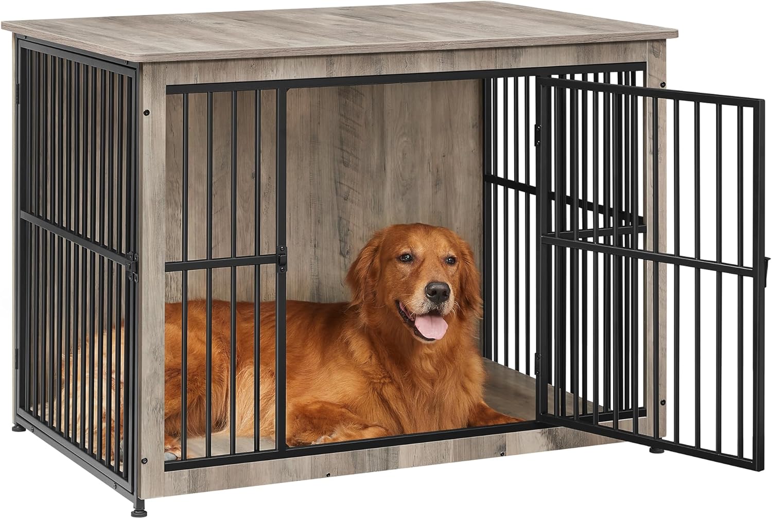 Feandrea Dog Crate Furniture, 43.3" Side End Table, Modern Kennel for Dogs Indoor up to 80 lb, Heavy-Duty Dog Cage with Enclosed Base, Double-Door Dog House, Greige UPFC024G01 Enclosed Base Greige 43.3"L x 29.9"W x 32.3"H