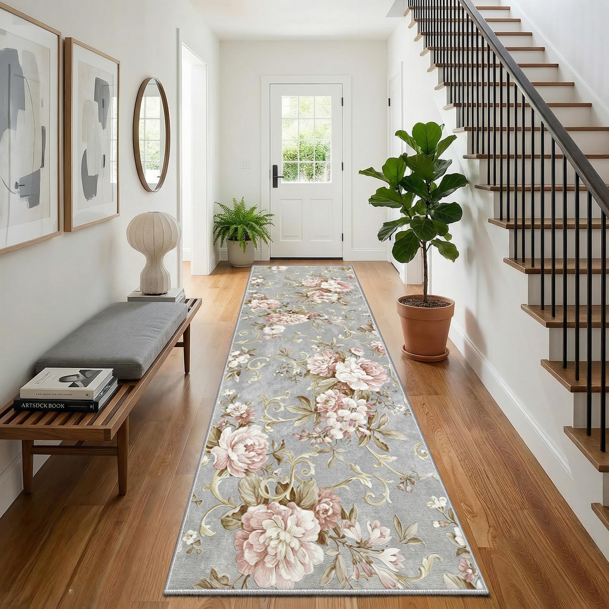 WQMMD Machine Washable Runner Rug 80x300cm Small Area Rug for Hallway, Bedside,Kitchen,Kids Room,Bedroom,Entryway Non-Slip Floral Sage Green Carpet, Modern Vintage Floor Mat for Home Decor Beige โ image 1