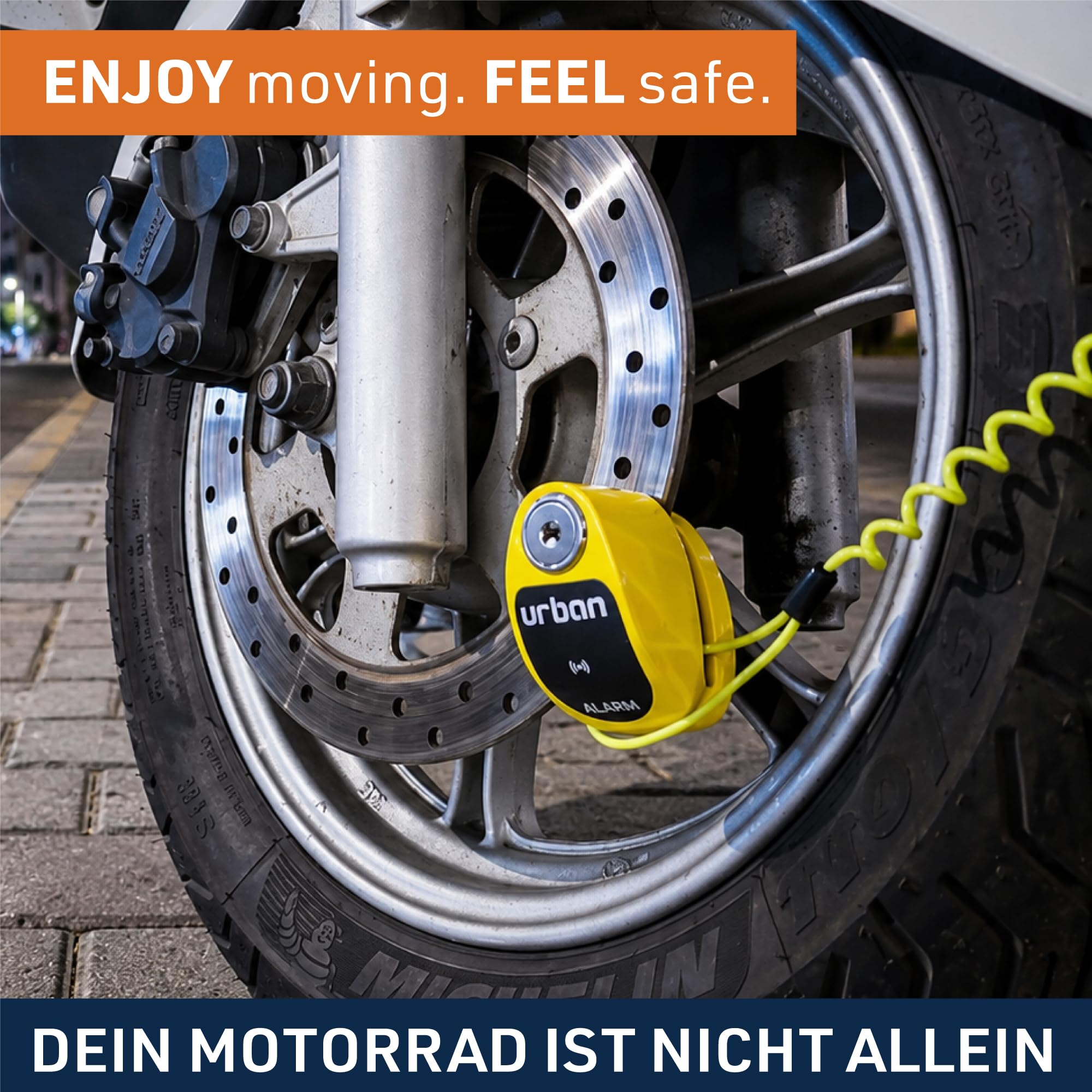 URBAN UR906Y Bremsscheibenschloss Motorrad mit 120dB Alarm X2 ON, Wasserdicht Austauschbares Modul, CR2 Batterie, Erinnerungskabel, 6mm Universelles Motorrad Schloos für Roller E-Bikes E-Scooter