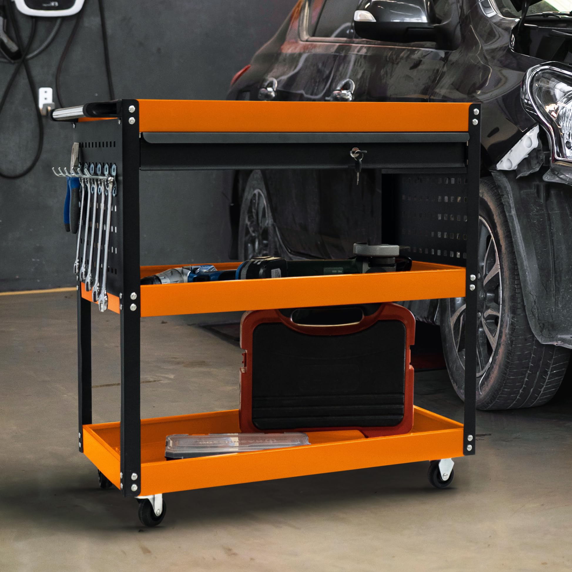 Organizador Herramientas con Ruedas Carrito Portaherramientas de Acero 3 Niveles Carro Duradero Portátil para Taller Garaje Ganchos Llaves Tableros Colgantes Cajón Bloqueable Capacidad 150kg