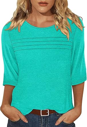 KISSMODA Women's Casual 3/4 Sleeve T-Shirts Round Neck Cute Tunic Tops Basic/Pleated Summer Tops Trendy Spring Blouses