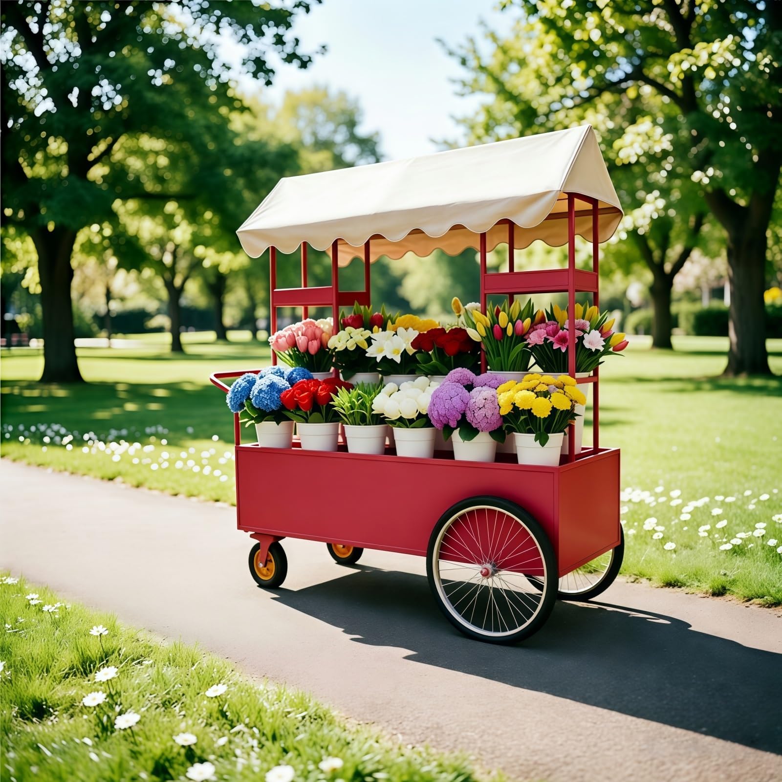 Imbisswagen mit Lenkrollen, Verkaufswagen for Blumen – for Parks, Einkaufszentren, Spielplätze(Red)