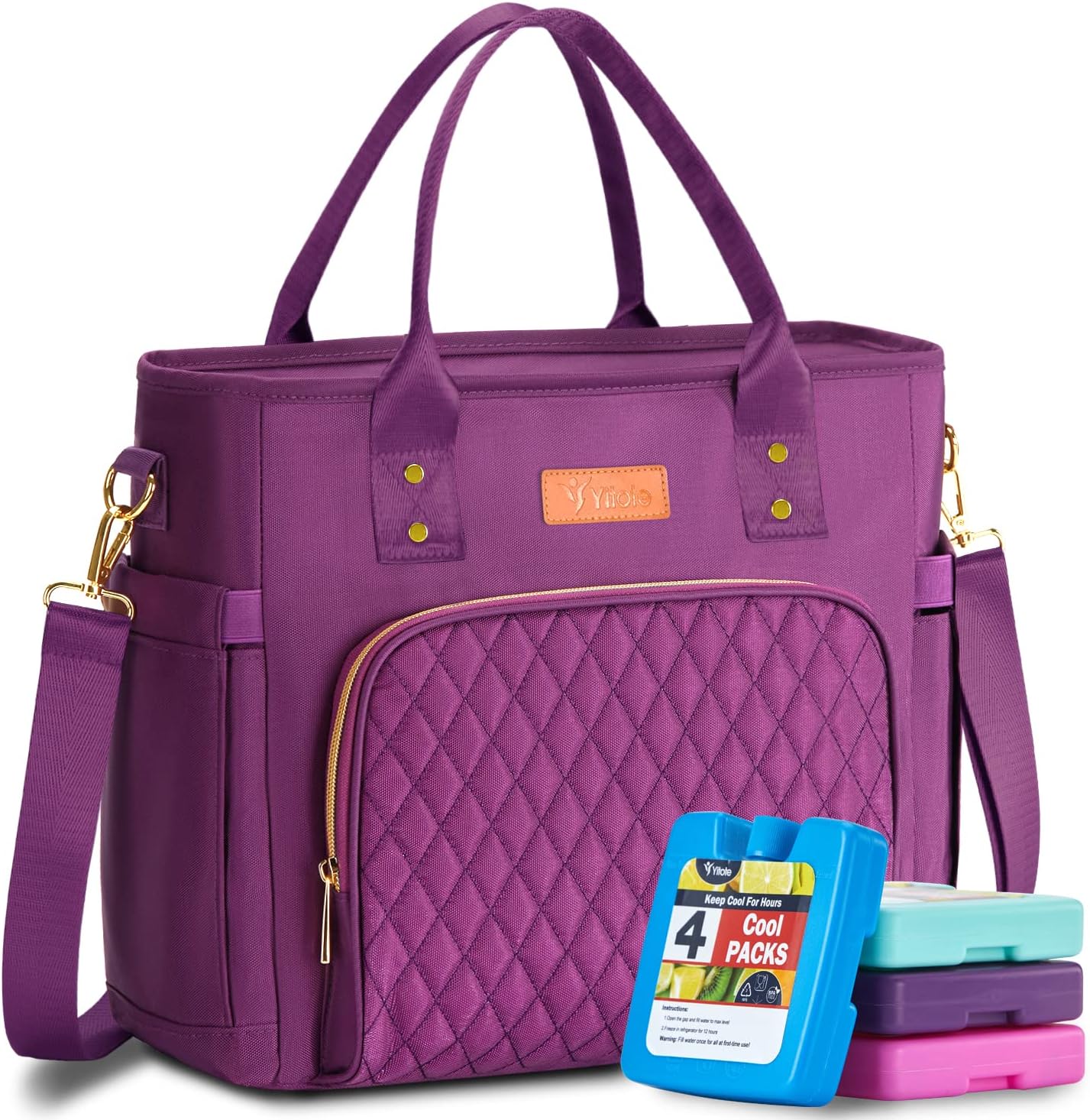 Yitote Lunch Box for Women with 4 Icepacks, 18L Capacity, Cute Lunch Bag with Bottle Holder, Lunch Bags with Adjustable Shoulder Strap, Lunch Bags for Work .(Purple)