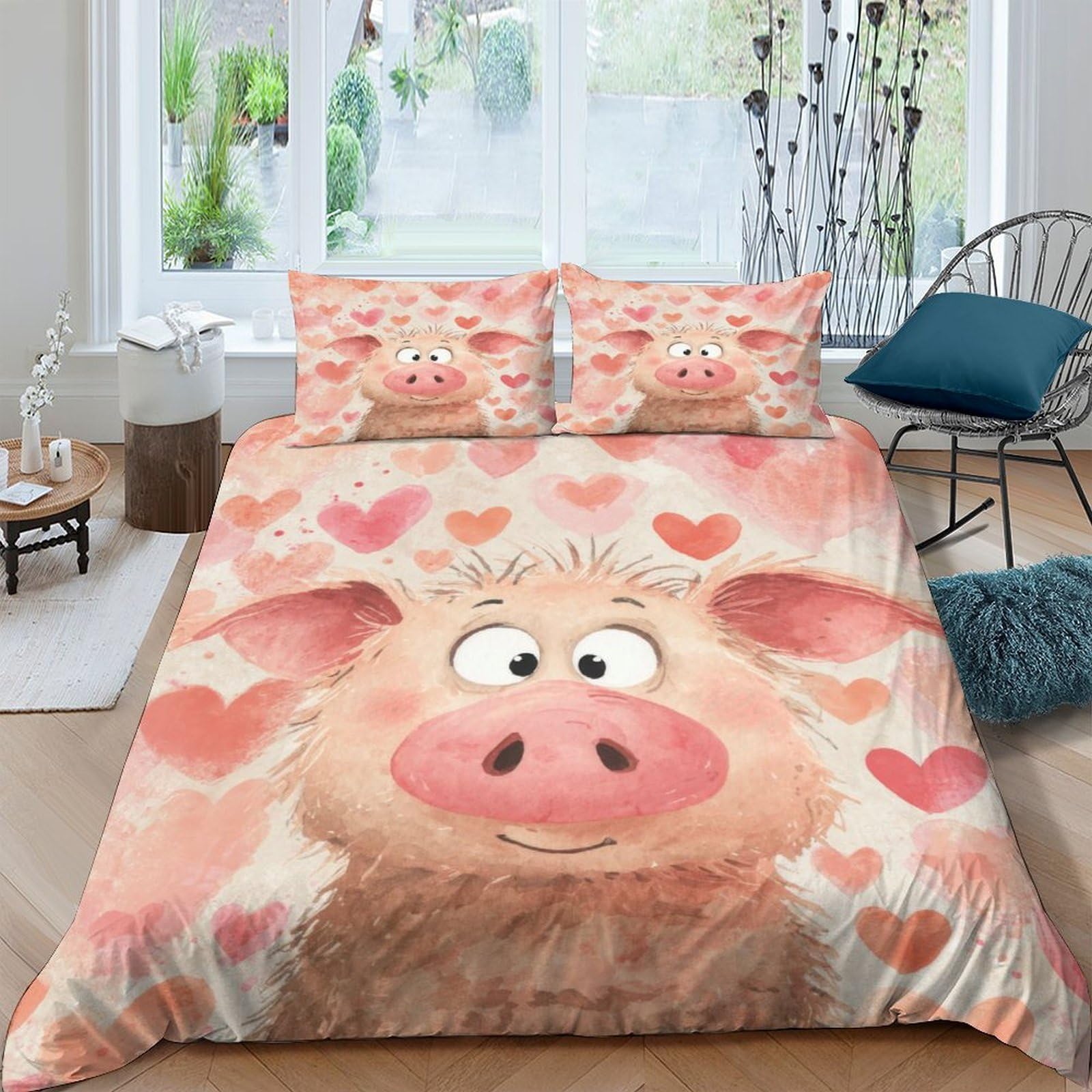XFKLYNVCJ 3D Printed Cute pig illust Quilt Cover Polyester Watercolor cartoon Bedding Cover Hypoallergenic Lightweight Quick Drying Wrinkle Free Machine Washable for Home Daily Use King（220x240cm）