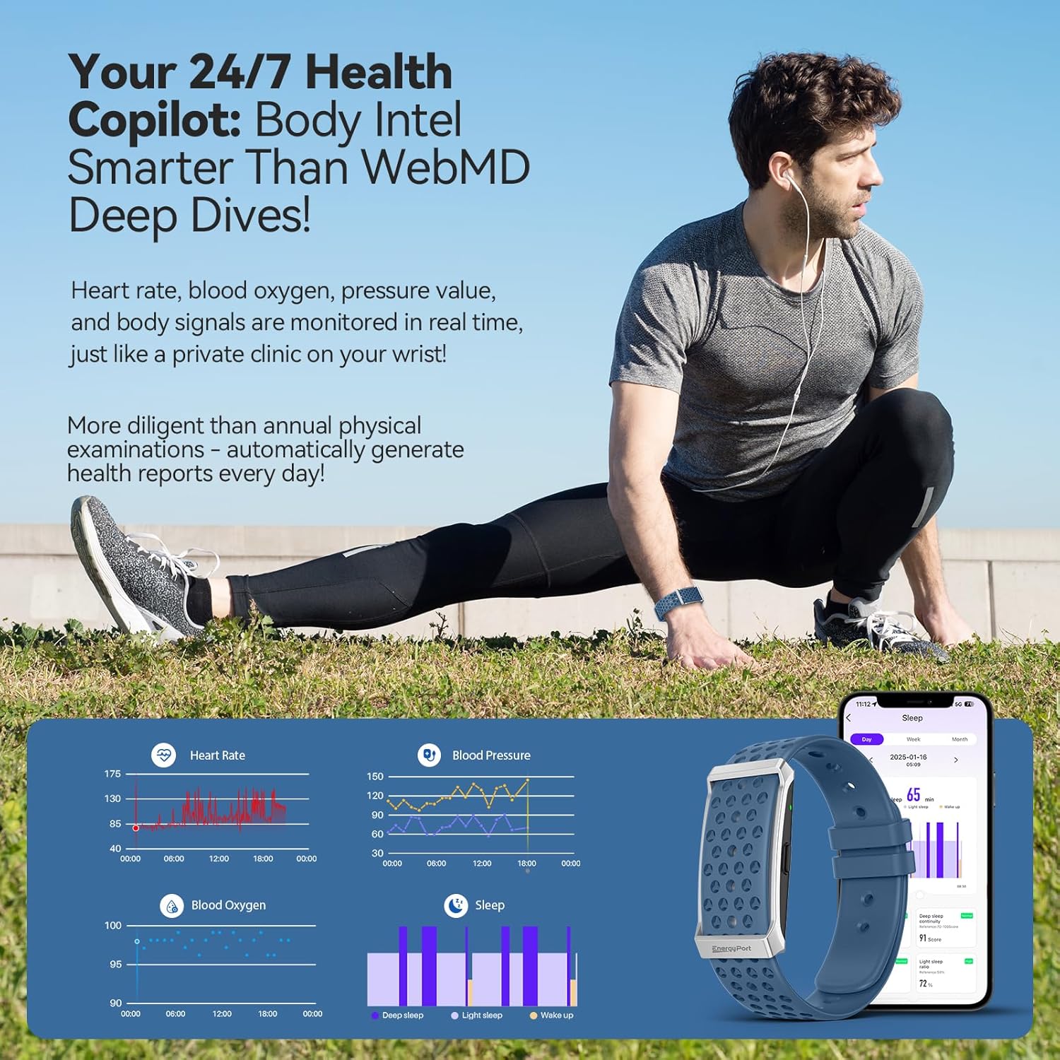A man stretching outdoors, with a graphic display of heart rate, blood pressure, blood oxygen, and sleep data monitored by the EnergyPort Smart Bracelet H29.