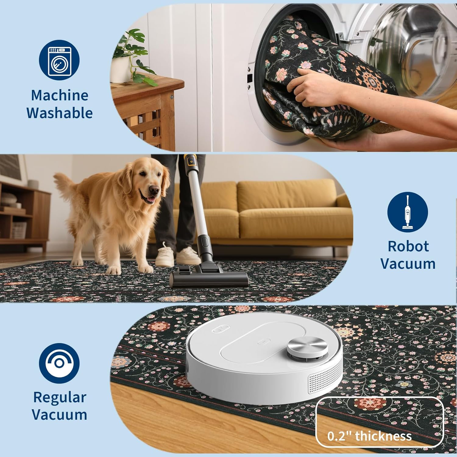 GarveeHome Boho 2x6 Runner Rug for Hallways Non Slip, Vintage Botanical Kitchen Rugs Washable Area Rug for Entryway Stain Resistant, Low Pile Soft Runner Black Carpet for Bedroom Floor Laundry Room