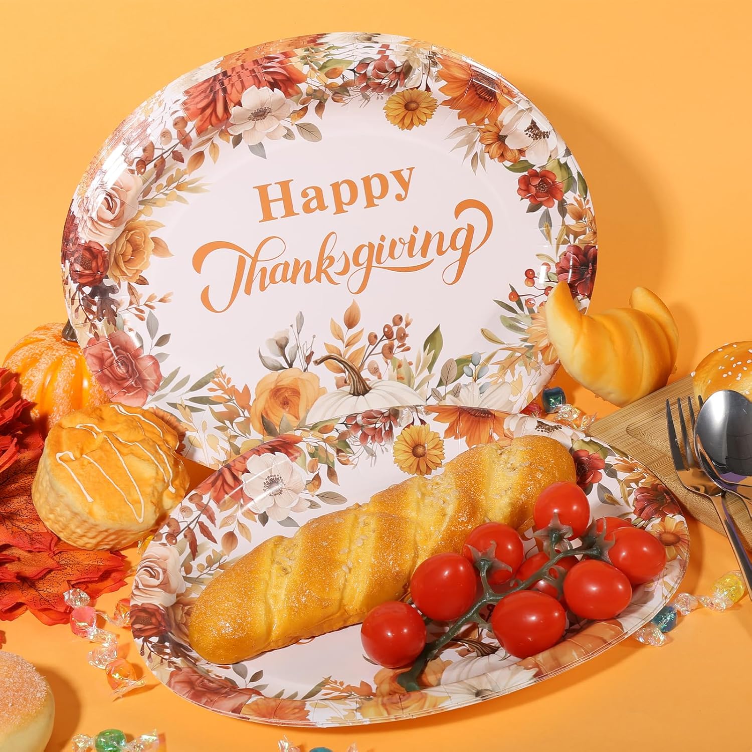 CIEOVO 50Pcs Happy Thanksgiving Oval Paper Plates, Fall Disposable Dinner Platters Heavy Duty Dinnerware Serving Dish Platters for Autumn Fall Harvest Give Thanks Party Tableware Supplies