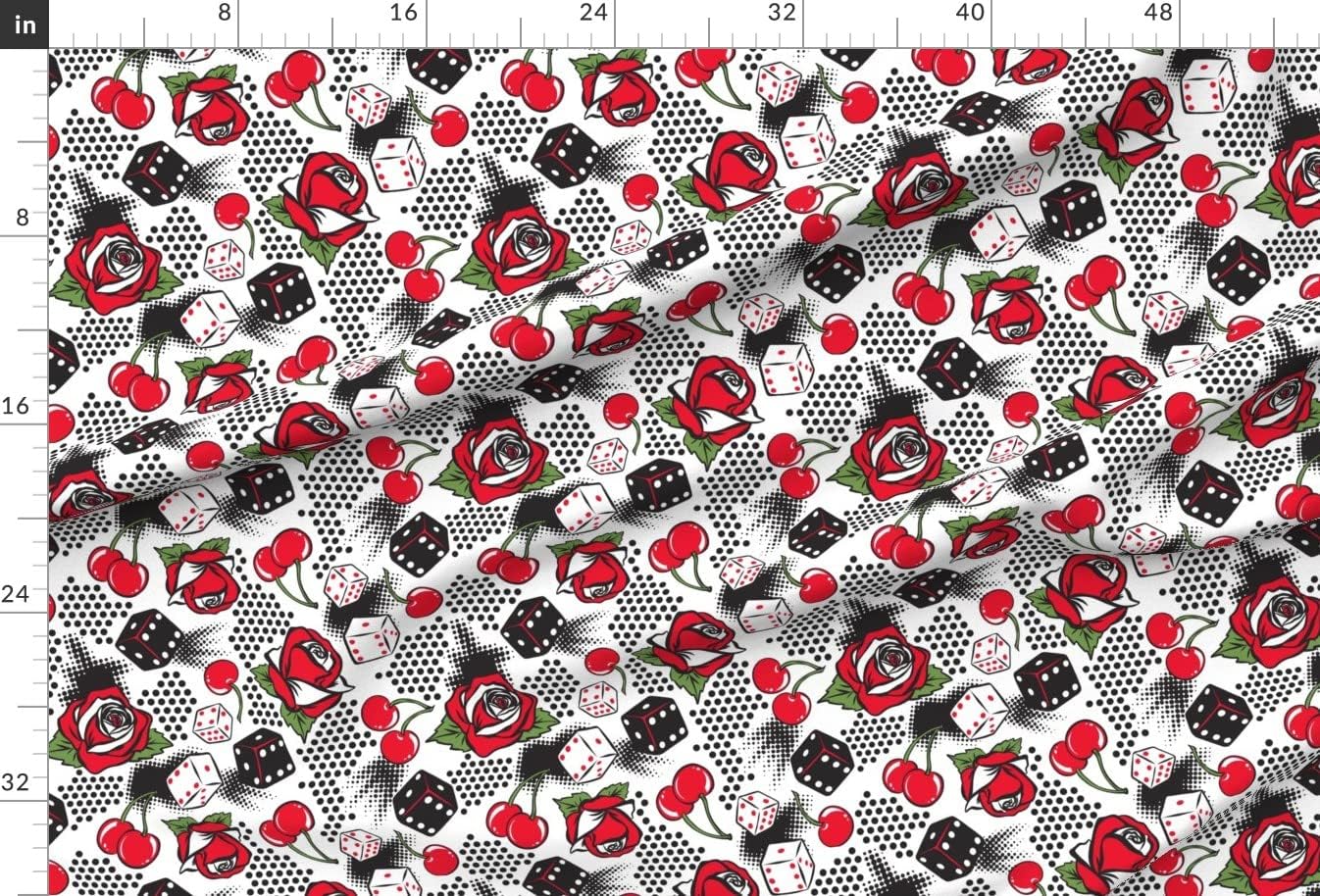 Spoonflower Fabric - Luck White Rockabilly Retro Vintage Rose Floral 1950S Red Novelty Dice Printed on Minky Fabric by The Yard - Sewing Baby Blankets Quilt Backing Plush